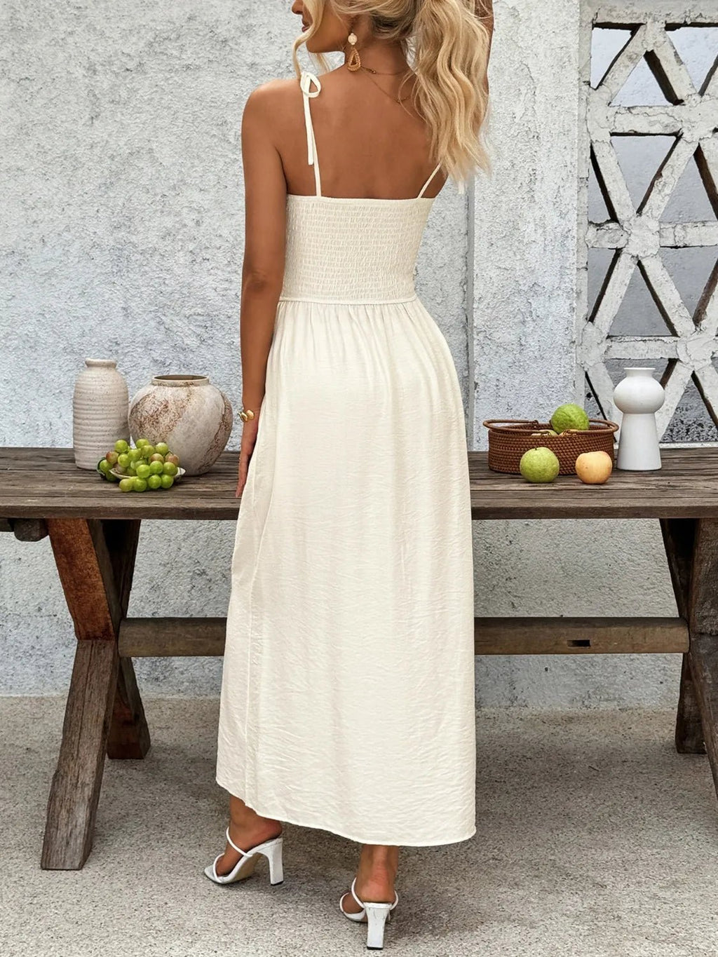 Smocked Button Front Tie Shoulder Dress - TNT Dress Co.