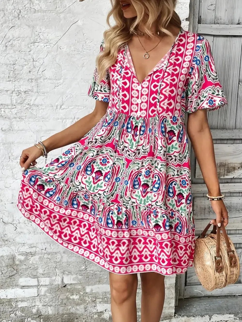 Printed Tie Neck Short Sleeve Dress - TNT Dress Co.