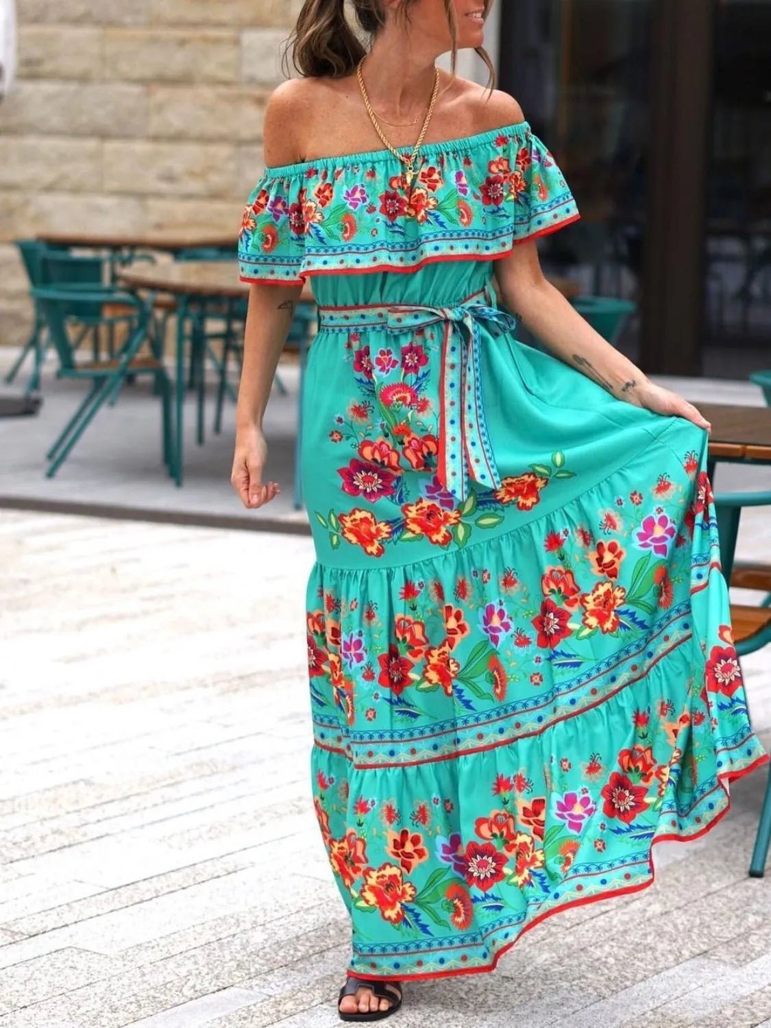 Floral Off Shoulder Ruffle Maxi Dress - TNT Dress Co.