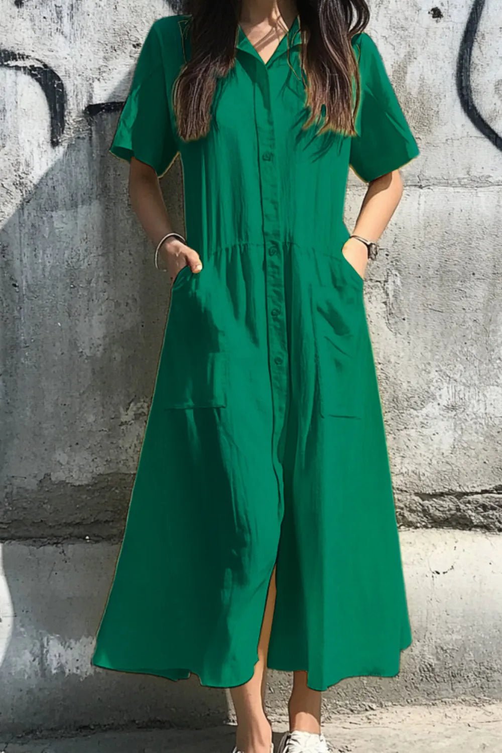 Button Front Short Sleeve Midi Dress - TNT Dress Co.