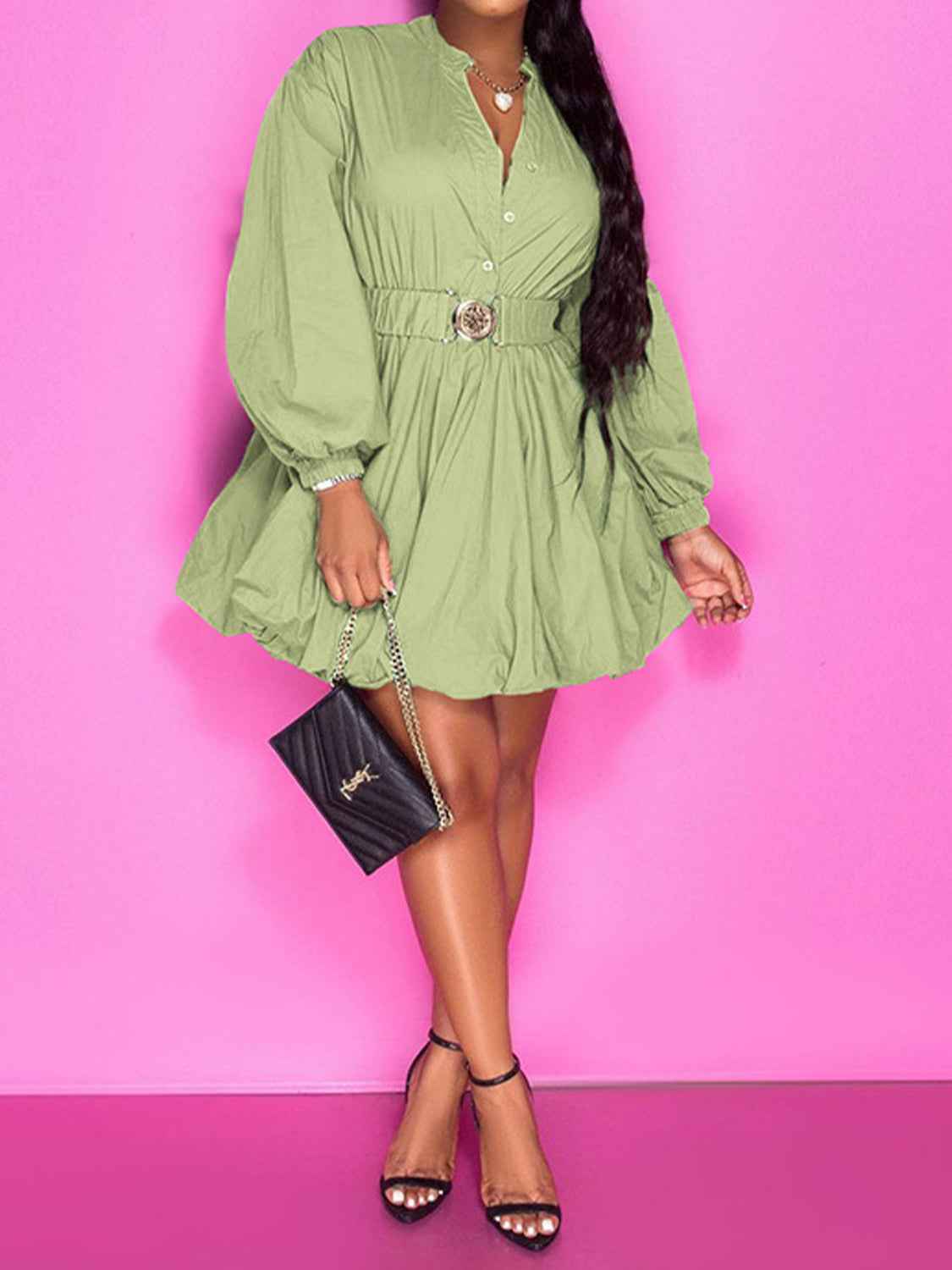 Button Up Notched Sleeve Dress