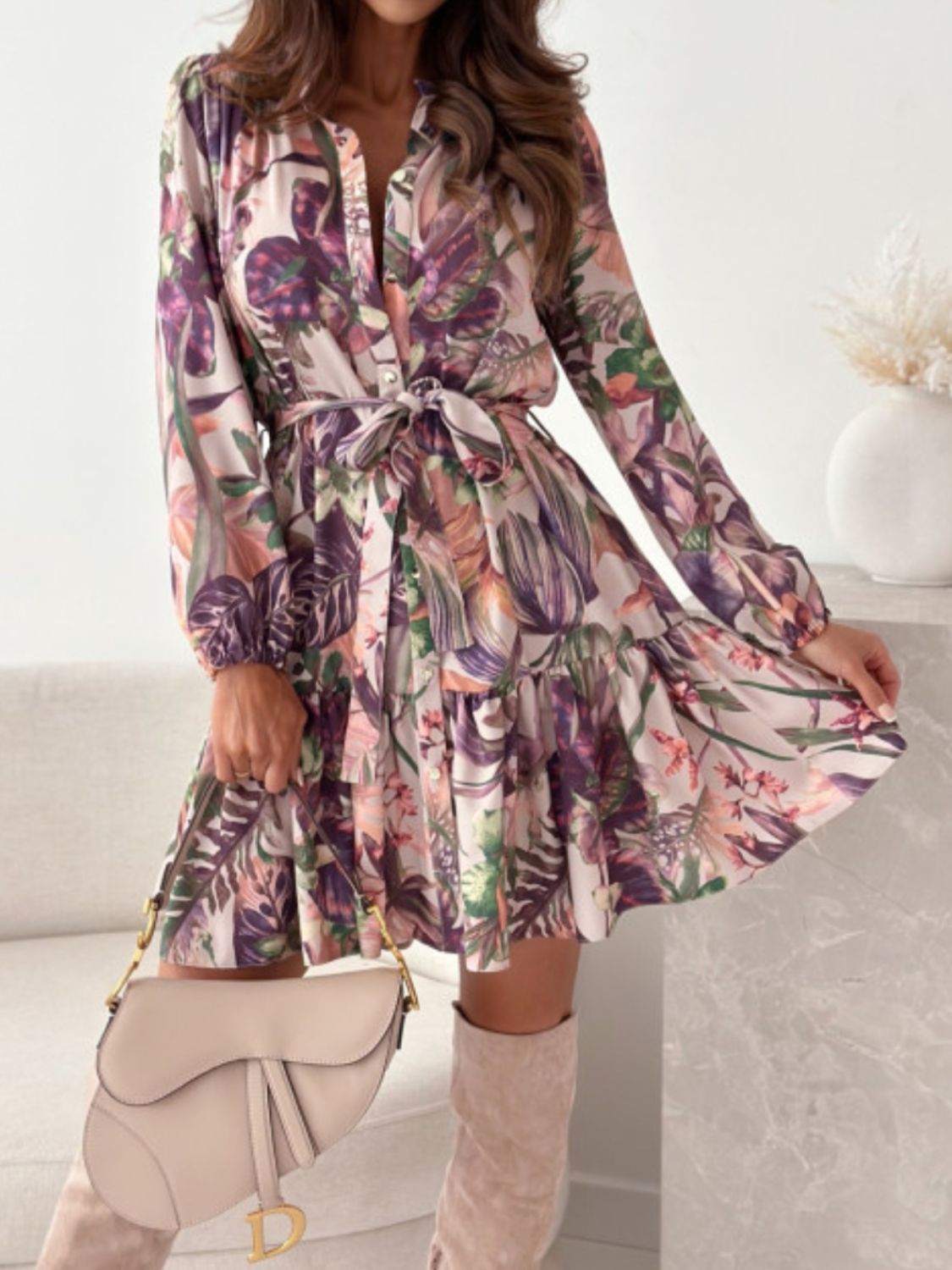 Floral Long Sleeve Dress with Ruffle Hem - TNT Dress Co.