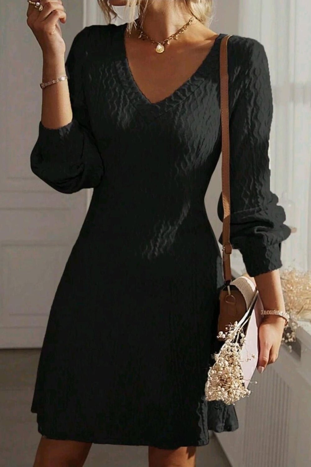 V - Neck Long Sleeve Textured Dress - TNT Dress Co.