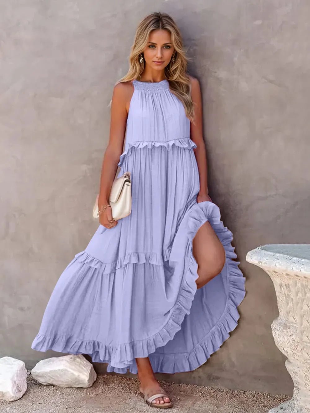 Ruffled Sleeveless Tiered Maxi Dress with Pockets - TNT Dress Co.