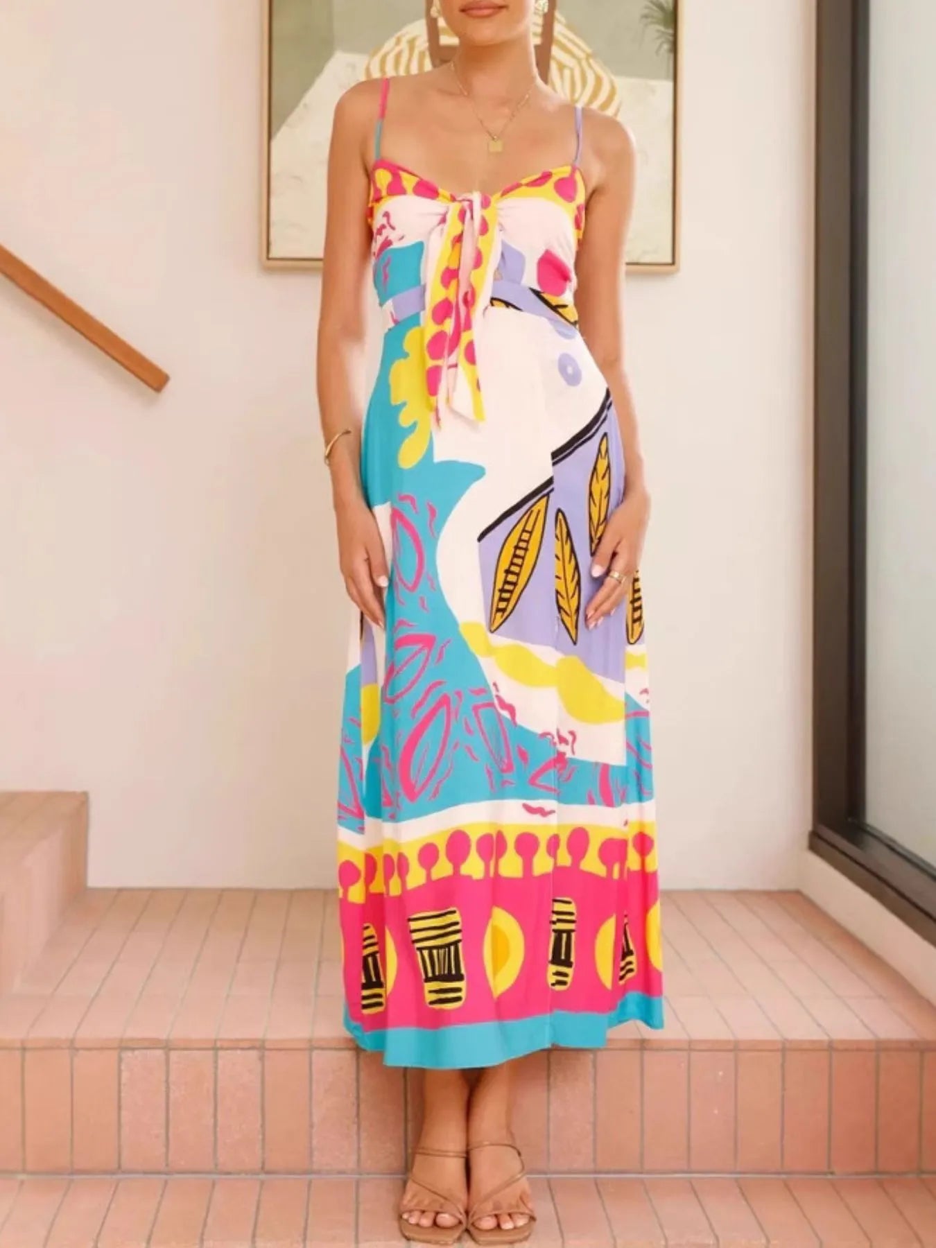 Tied Front Printed Slit Maxi Cami Dress - TNT Dress Co.