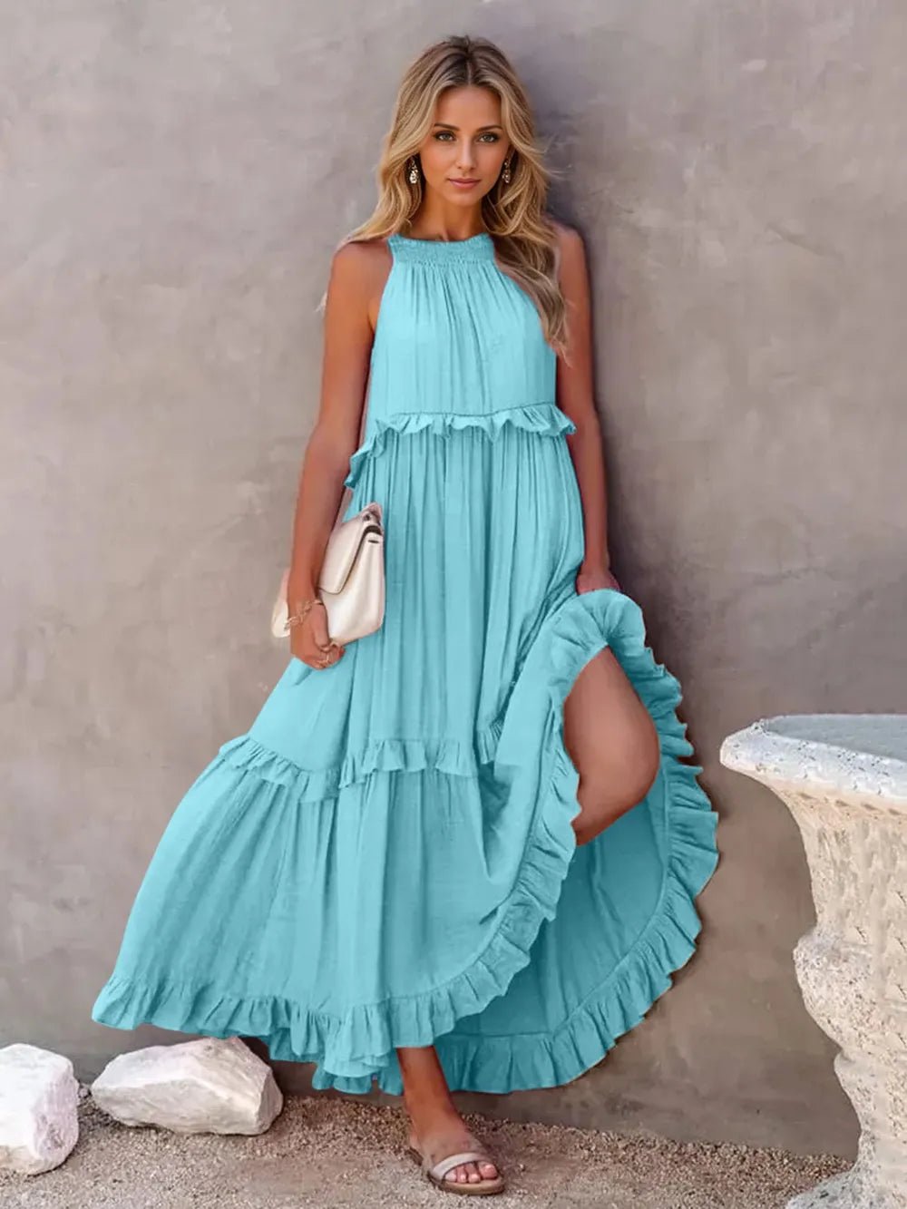Ruffled Sleeveless Tiered Maxi Dress with Pockets - TNT Dress Co.
