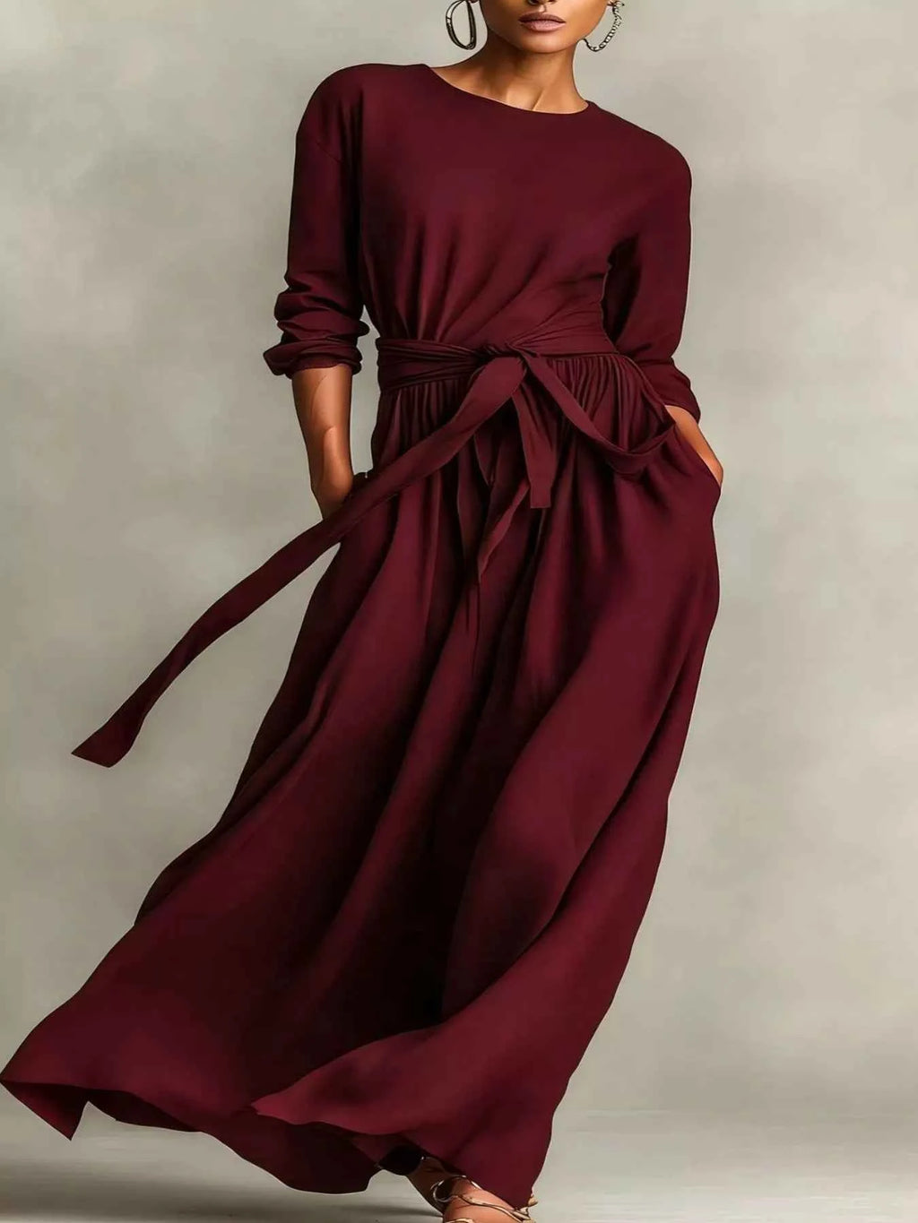 Full Size Long Sleeve Tie Waist Maxi Dress Plus Size