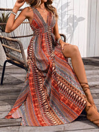 Tied Back Printed Sleeveless Maxi Slit Dress - TNT Dress Co.