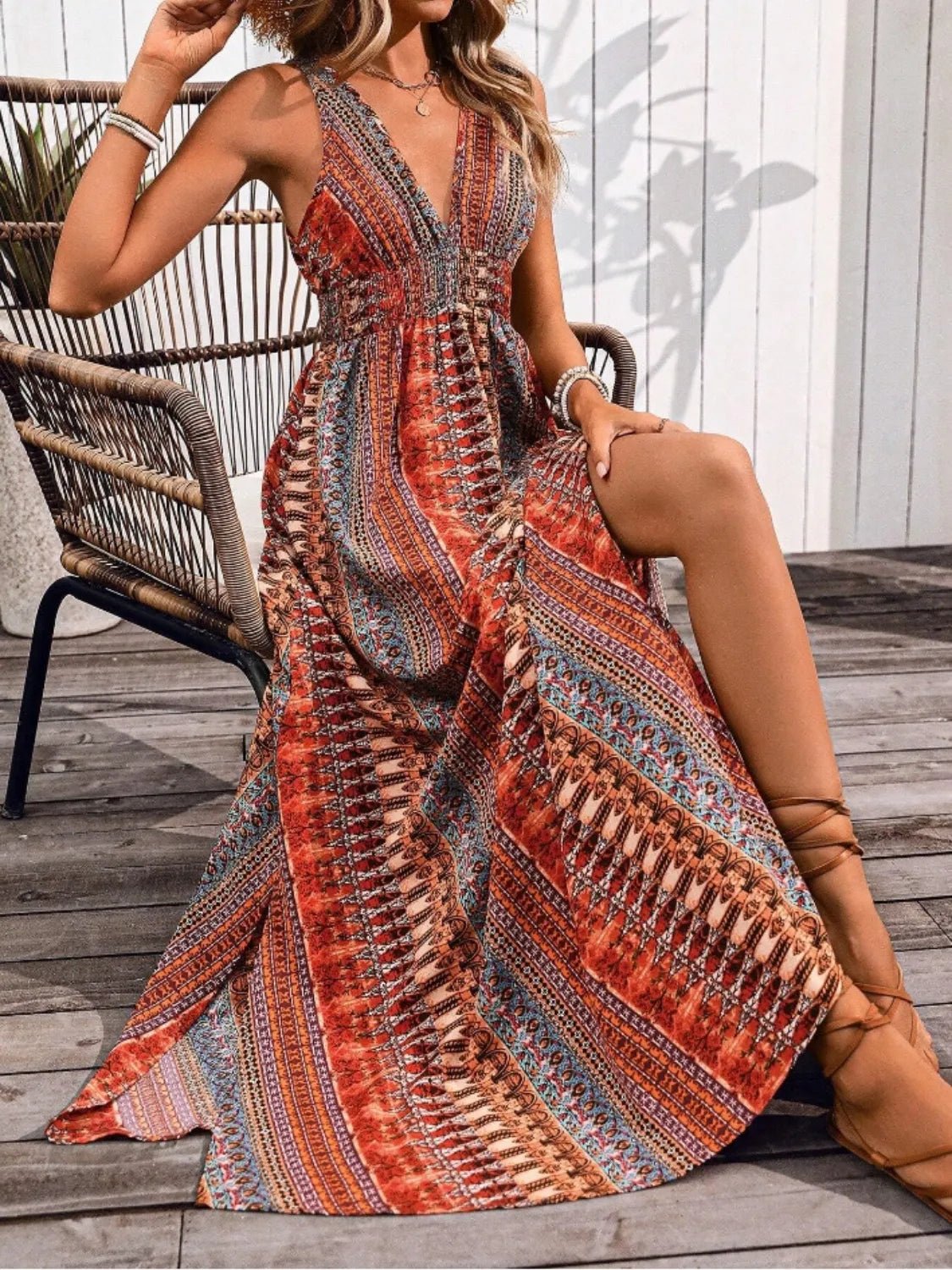 Tied Back Printed Sleeveless Maxi Slit Dress - TNT Dress Co.