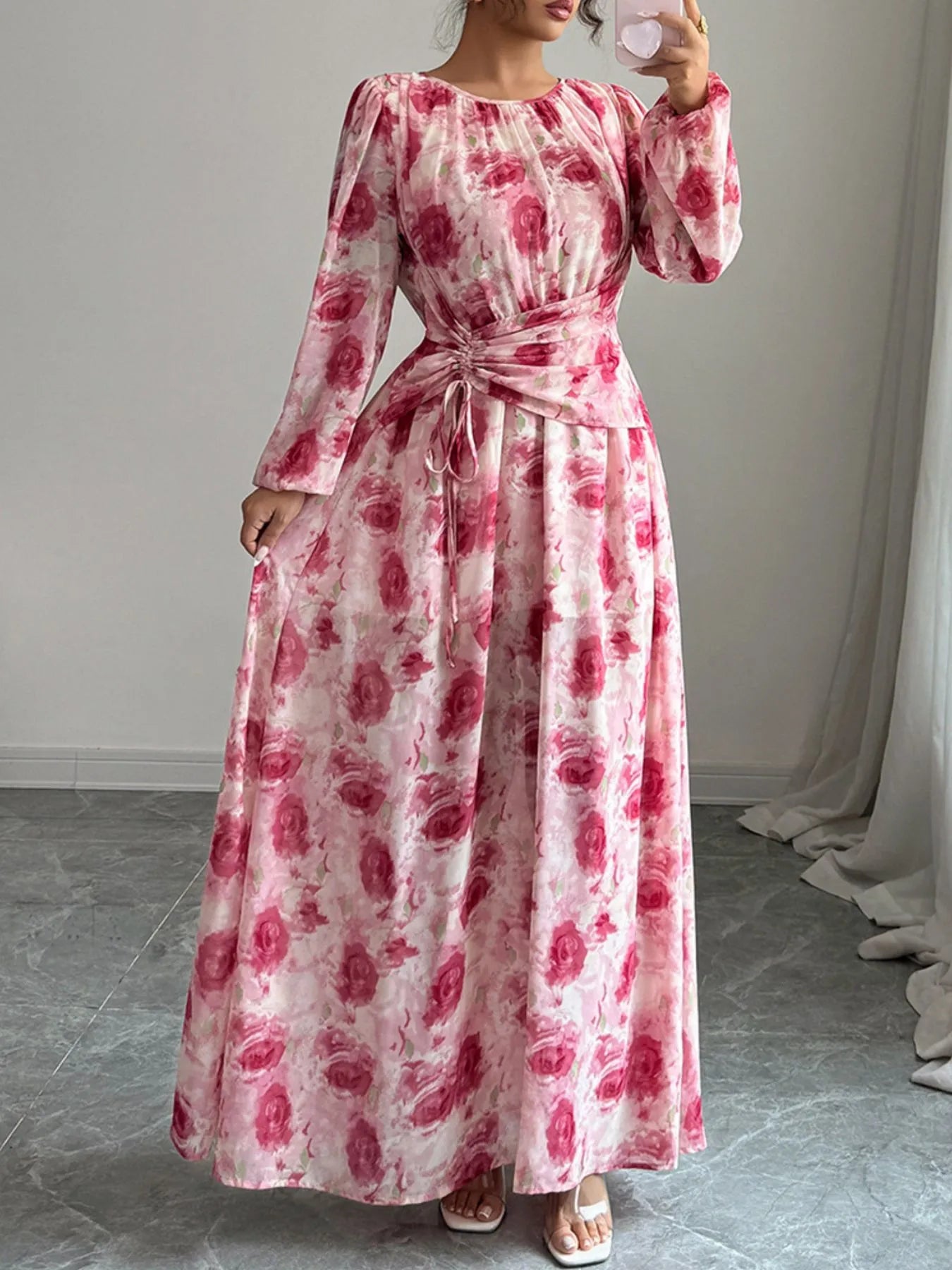 Long Sleeve Maxi Dress with Drawstring - The Nicole - Tayan Dress Co.