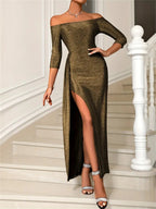 Off - Shoulder Long Sleeve Midi Dress with Slit - TNT Dress Co.