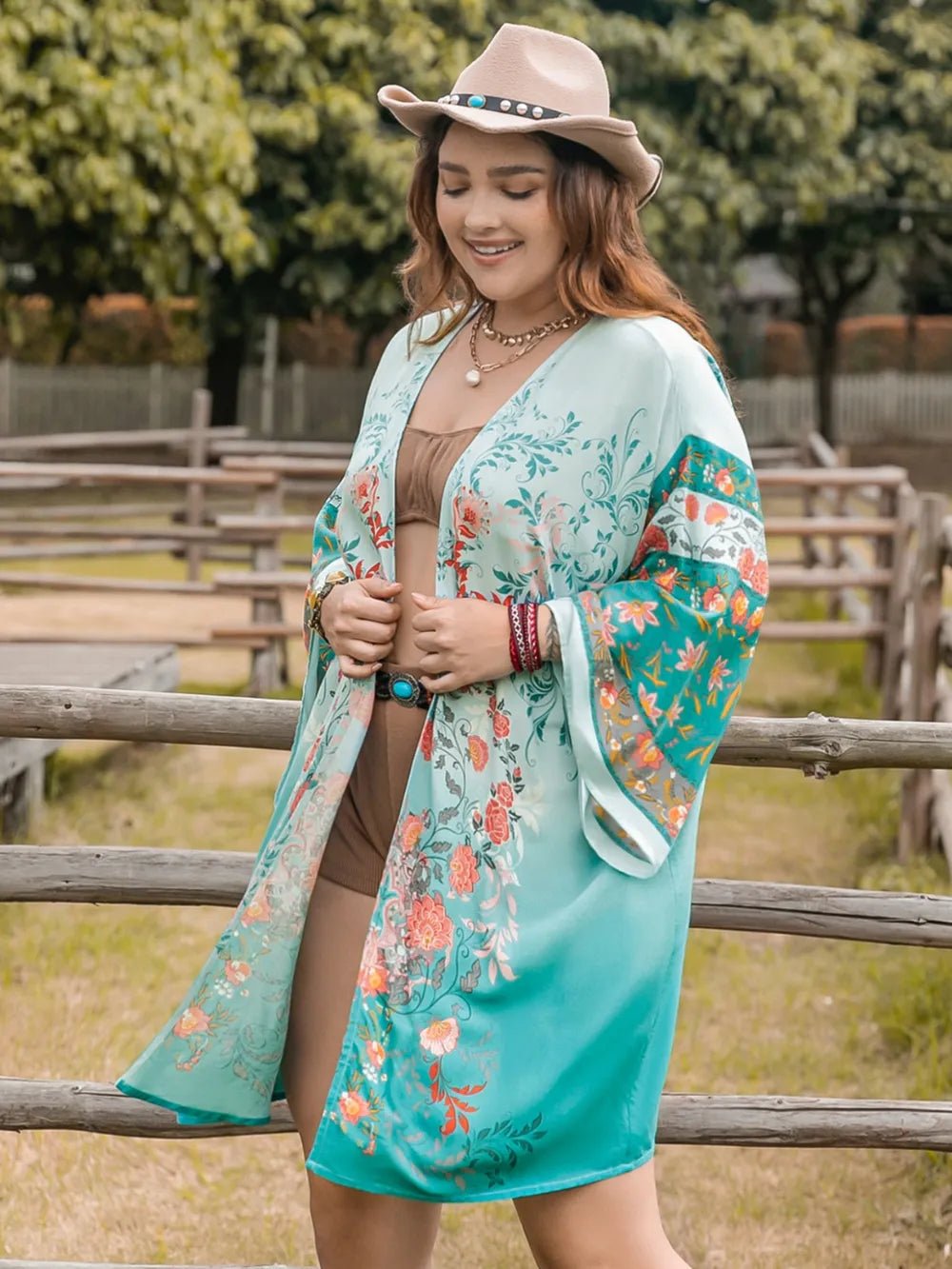 Plus Size Printed Open Front Long Sleeve Cover Up - TNT Dress Co.