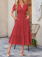 Tiered Notched Short Sleeve Dress - TNT Dress Co.