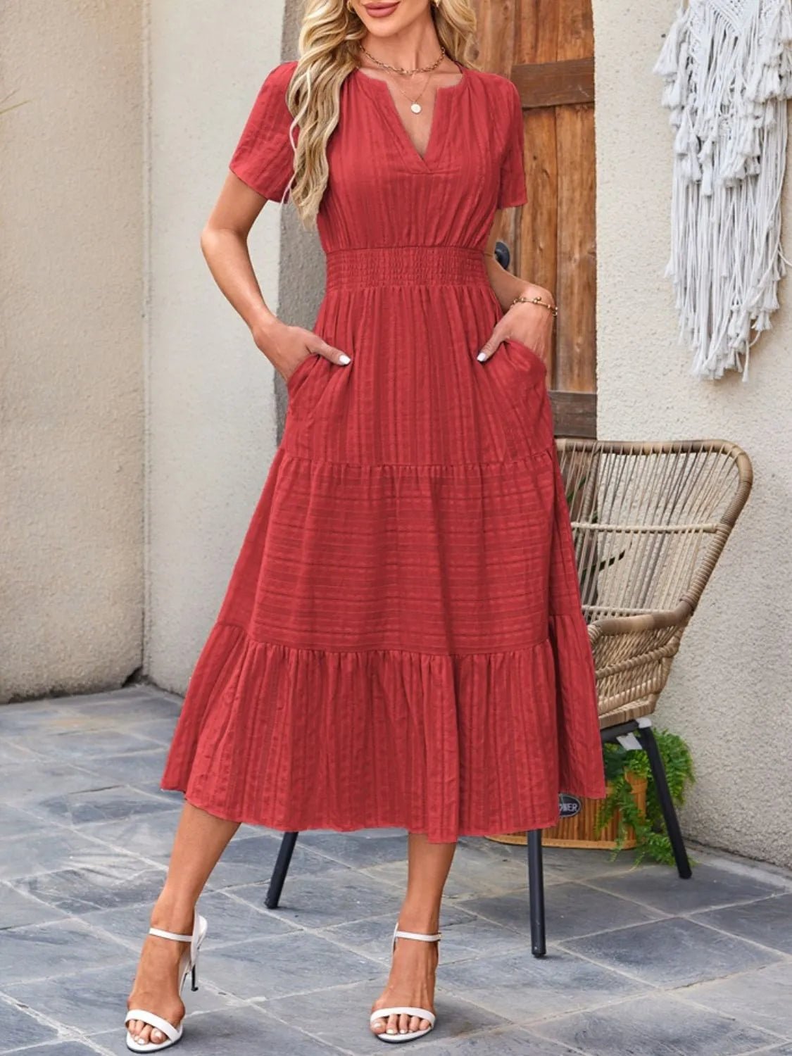 Tiered Notched Short Sleeve Dress - TNT Dress Co.