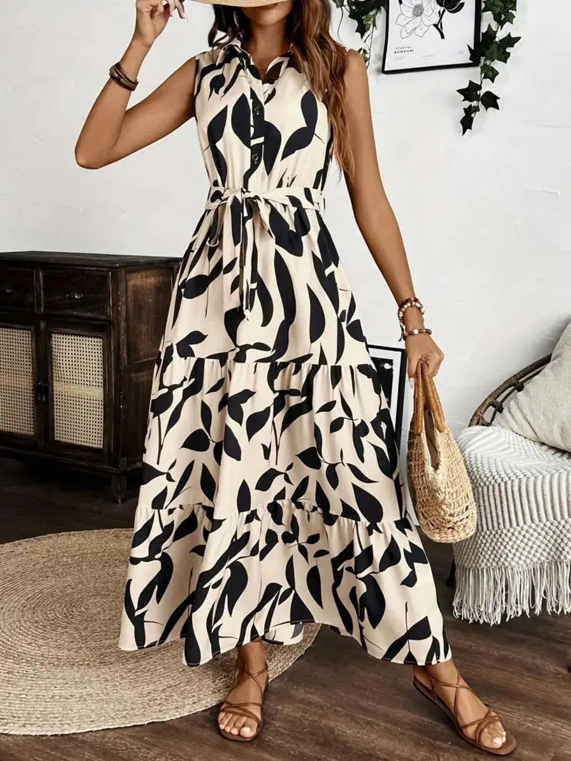 Printed Tie Waist Sleeveless Maxi Dress - TNT Dress Co.
