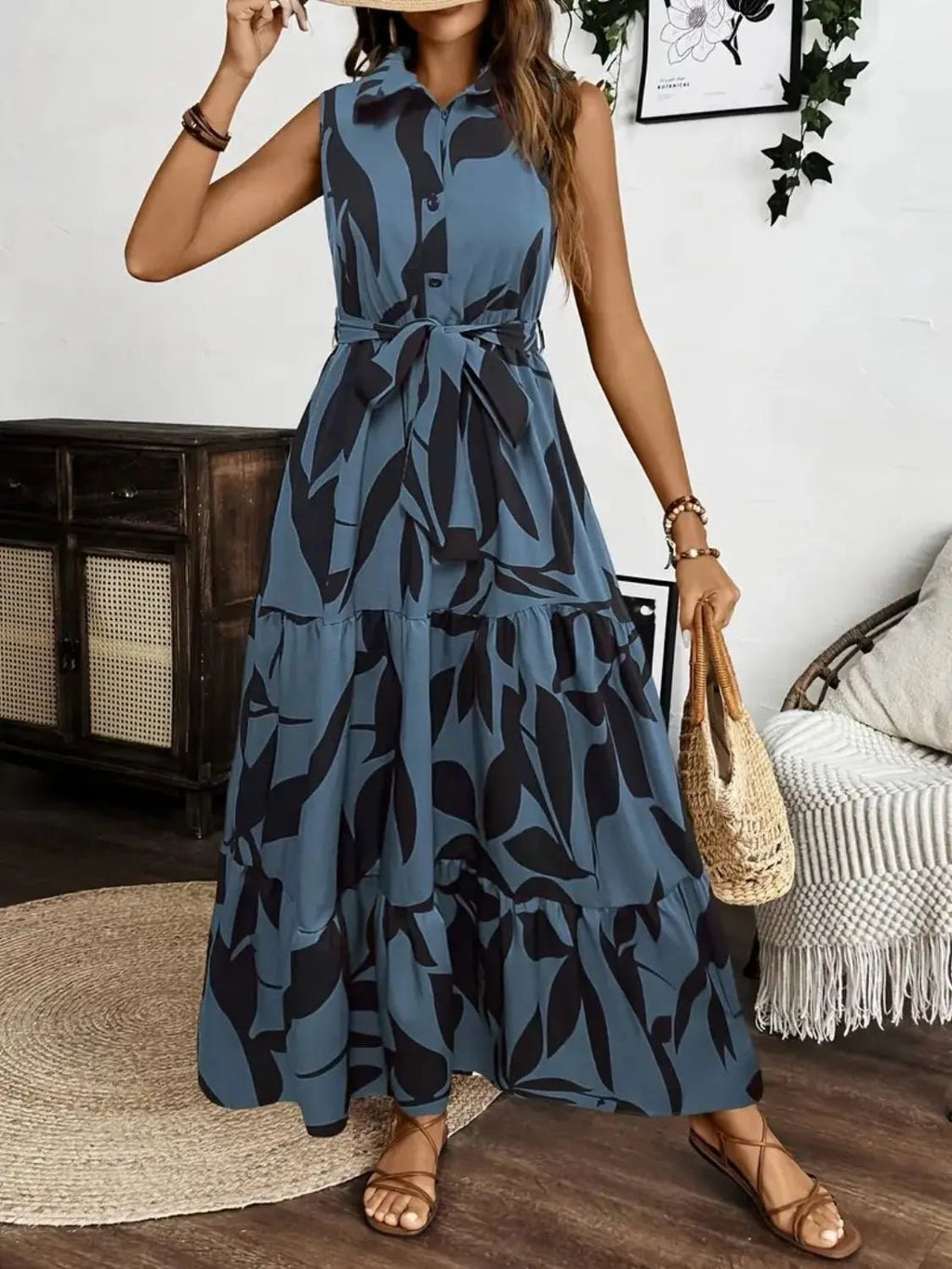 Printed Tie Waist Sleeveless Maxi Dress - TNT Dress Co.