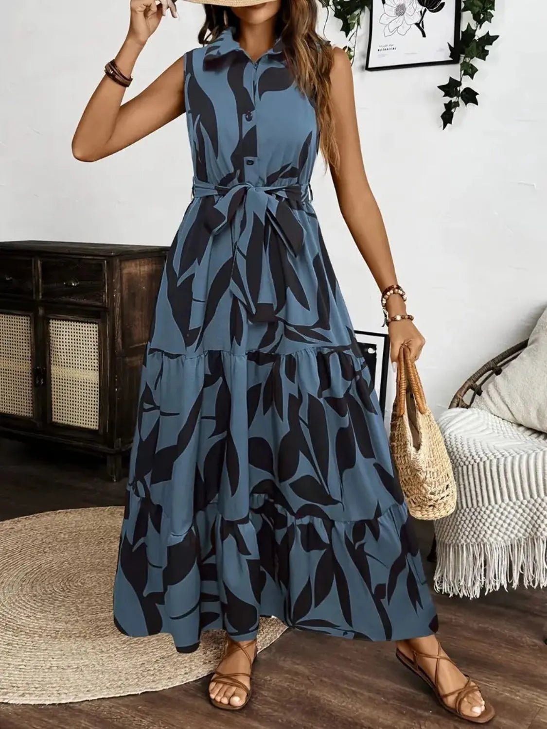 Printed Tie Waist Sleeveless Maxi Dress - TNT Dress Co.