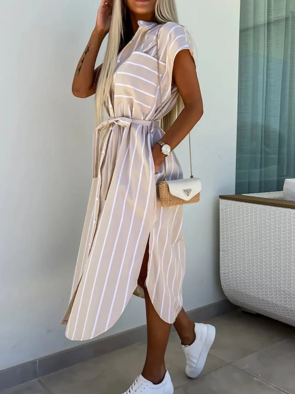 Striped Tie Waist Short Sleeve Dress - TNT Dress Co.
