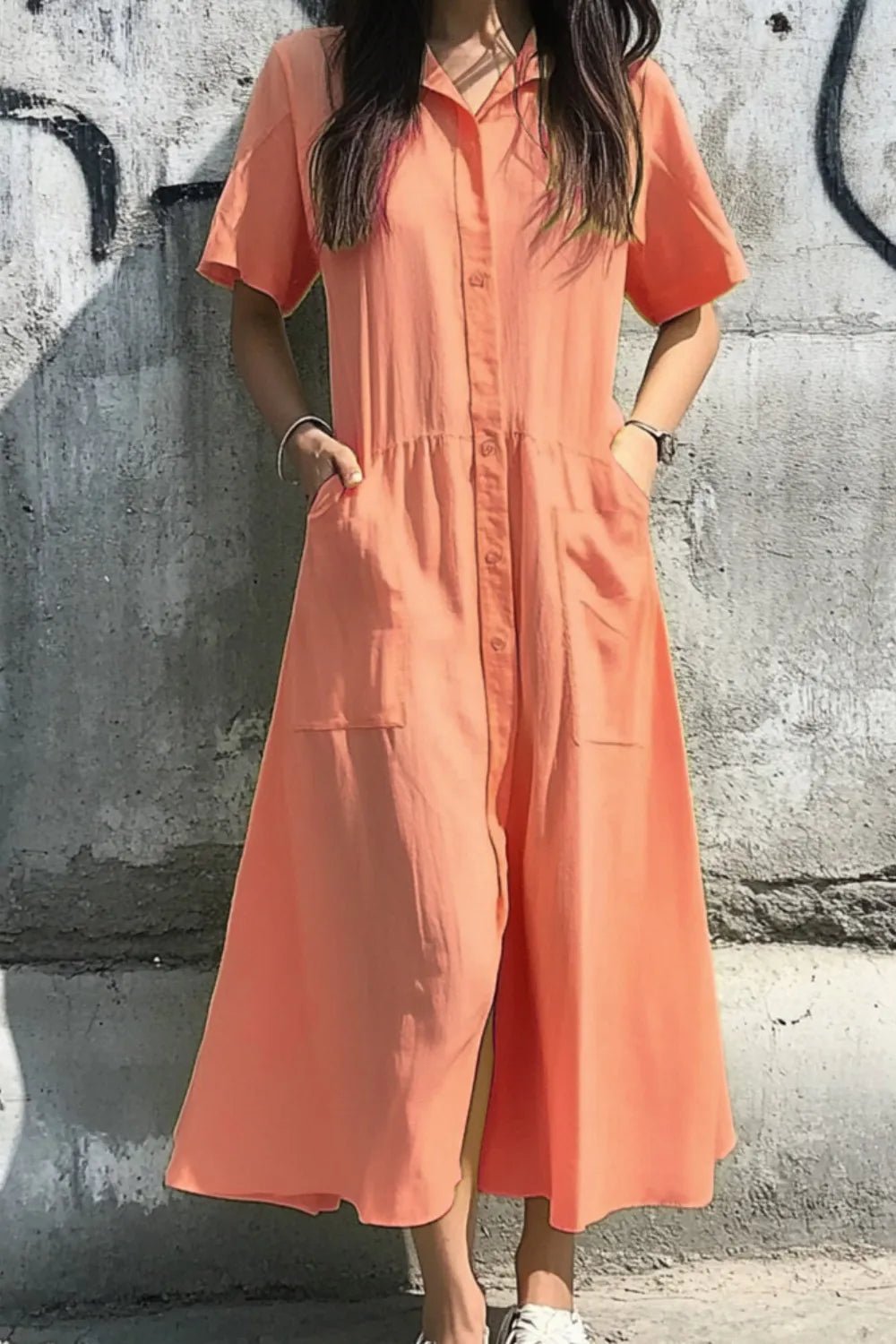 Button Front Short Sleeve Midi Dress - TNT Dress Co.