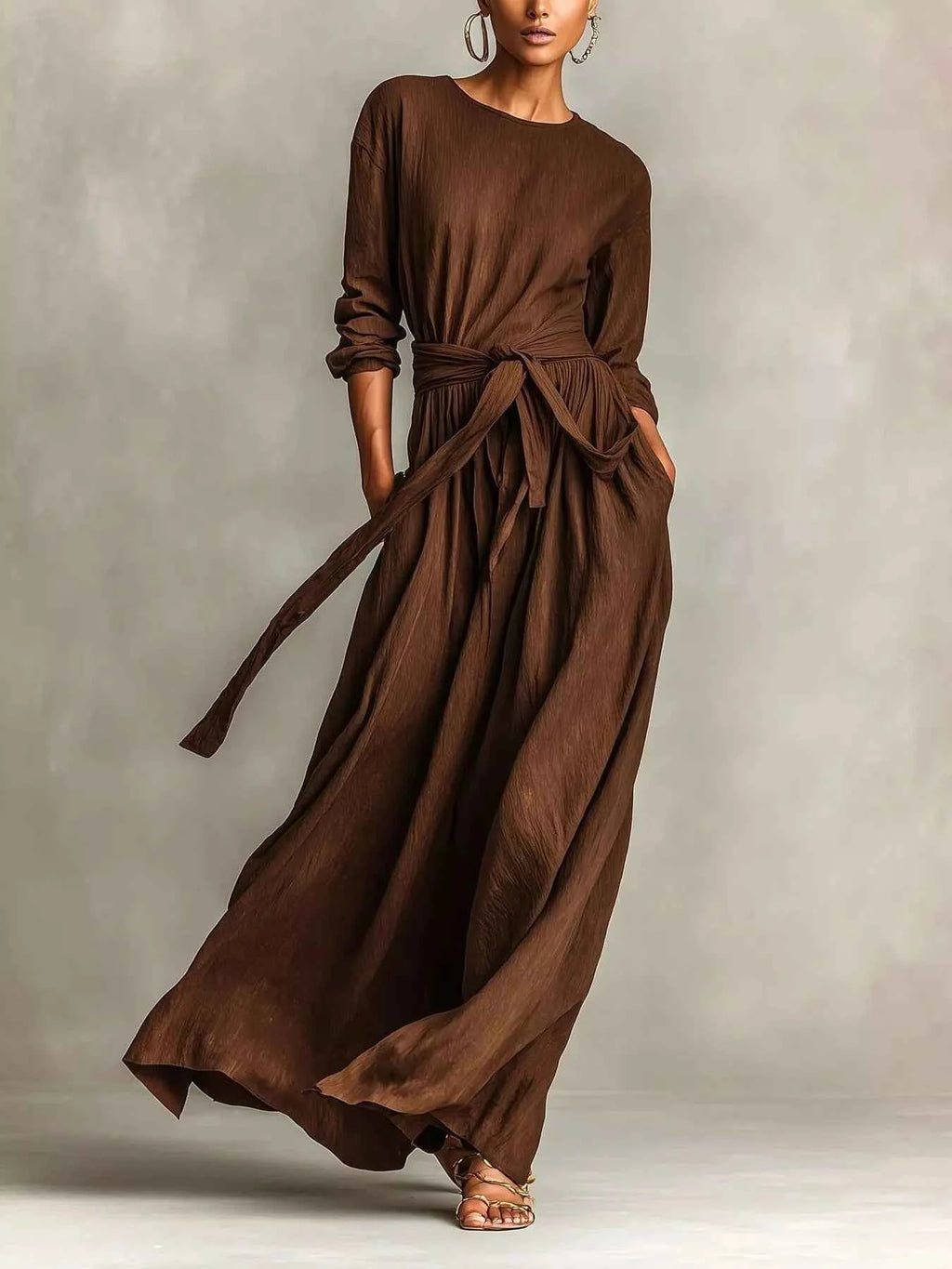 Full Size Long Sleeve Tie Waist Maxi Dress Plus Size