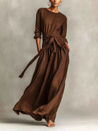 Full Size Long Sleeve Tie Waist Maxi Dress Plus Size