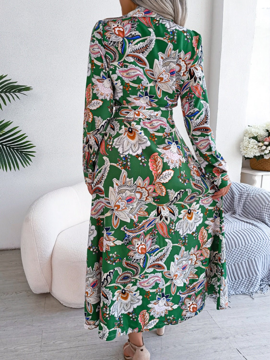 Printed Long Sleeve Midi Dress with Tied Detail - TNT Dress Co.