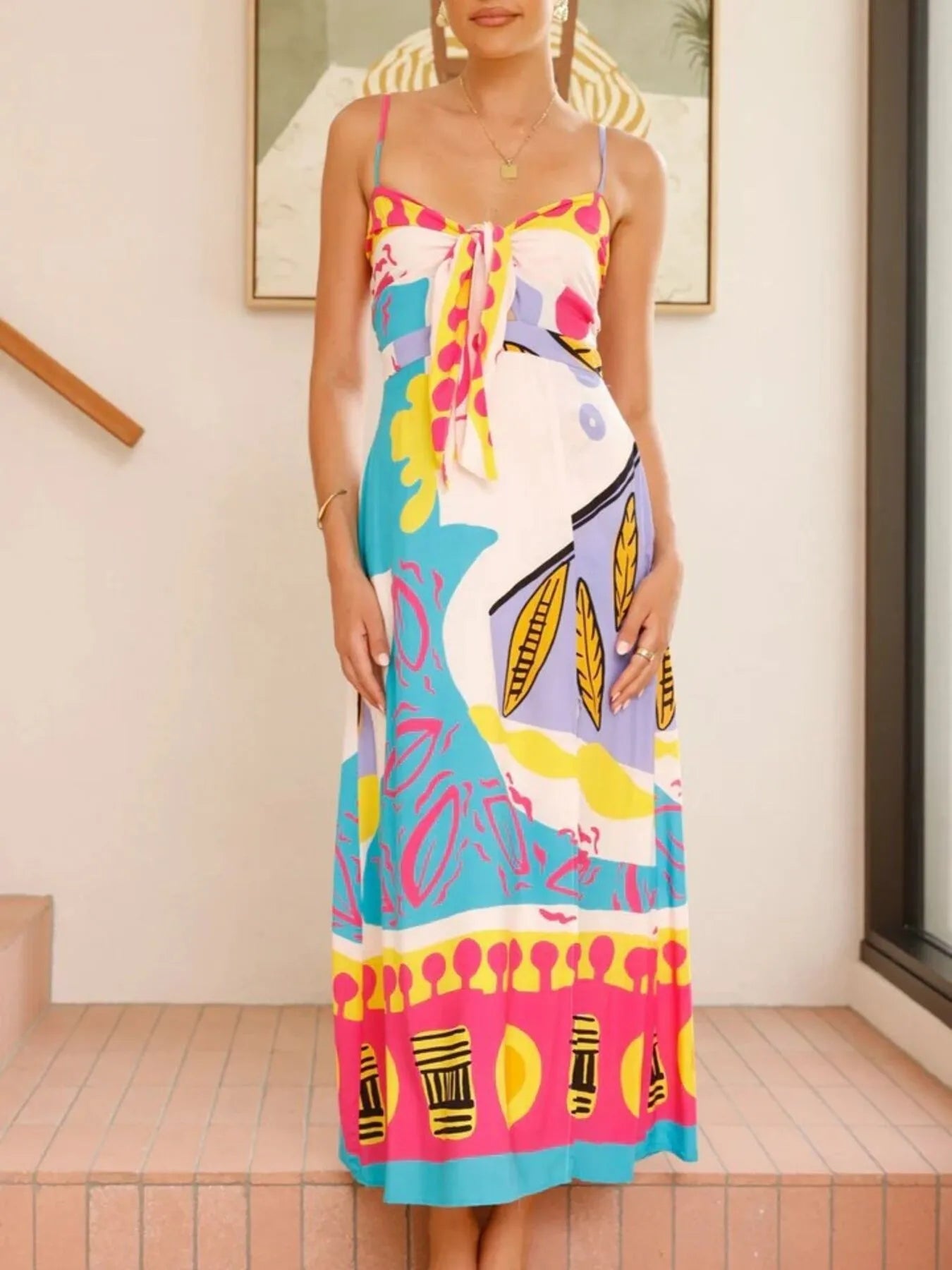 Tied Front Printed Slit Maxi Cami Dress - TNT Dress Co.