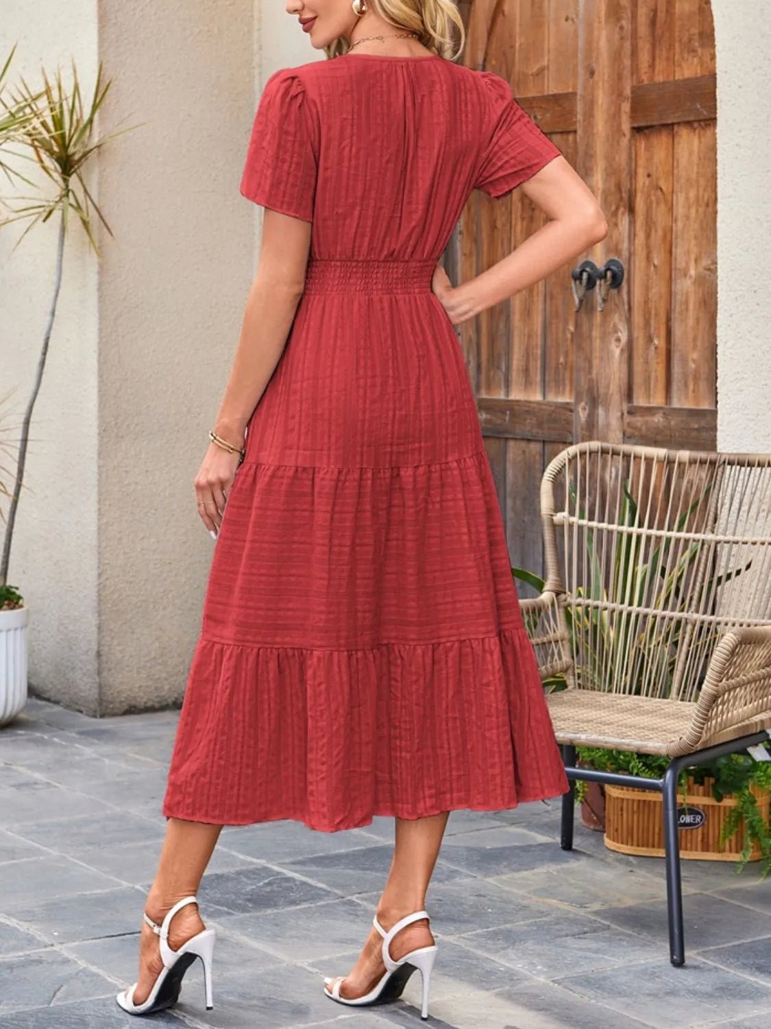 Tiered Notched Short Sleeve Dress - TNT Dress Co.