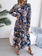 Printed Long Sleeve Midi Dress with Tied Detail - TNT Dress Co.