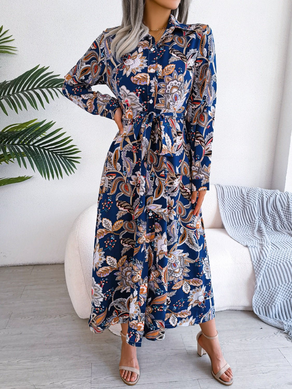 Printed Long Sleeve Midi Dress with Tied Detail - TNT Dress Co.