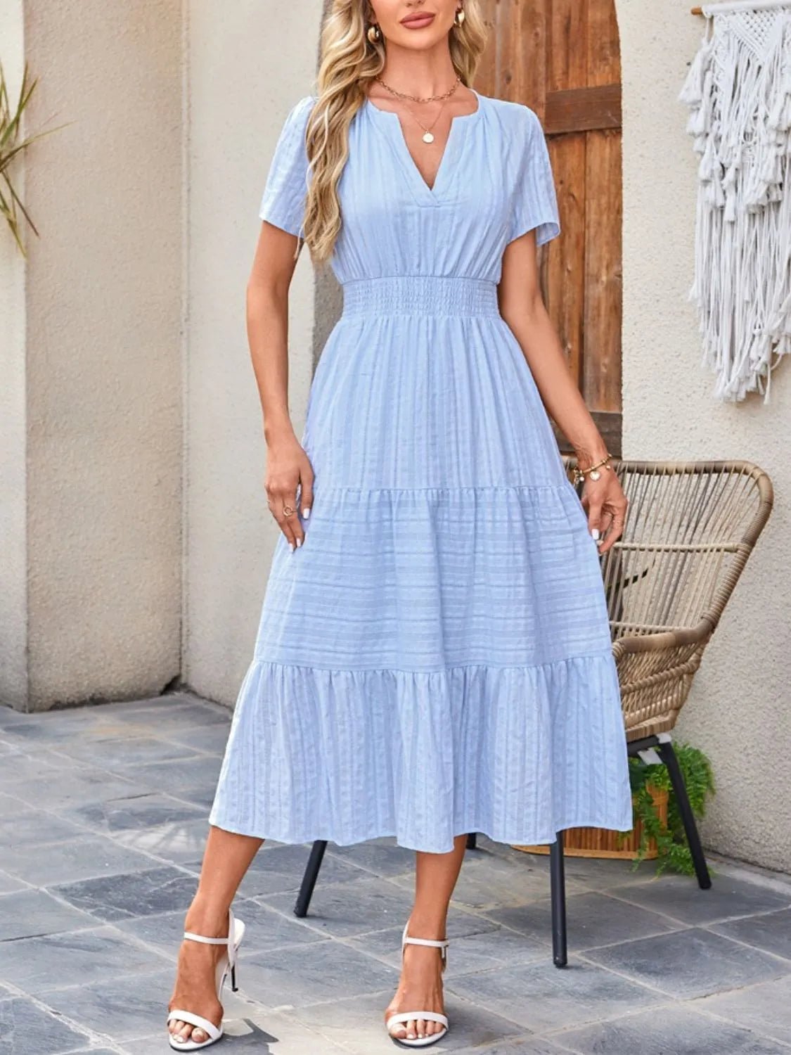 Tiered Notched Short Sleeve Dress - TNT Dress Co.