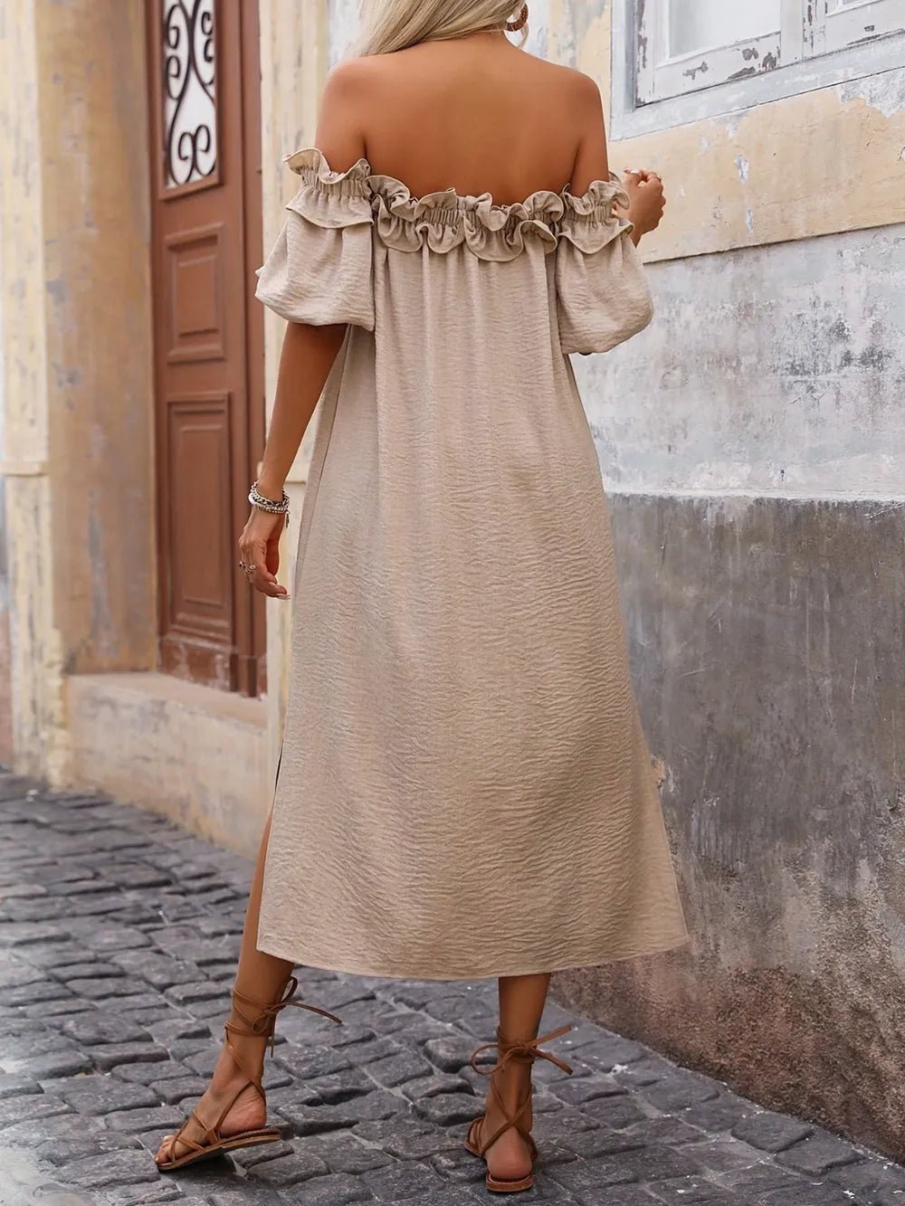 Ruffled Off - Shoulder Puff Sleeve Midi Dress - TNT Dress Co.
