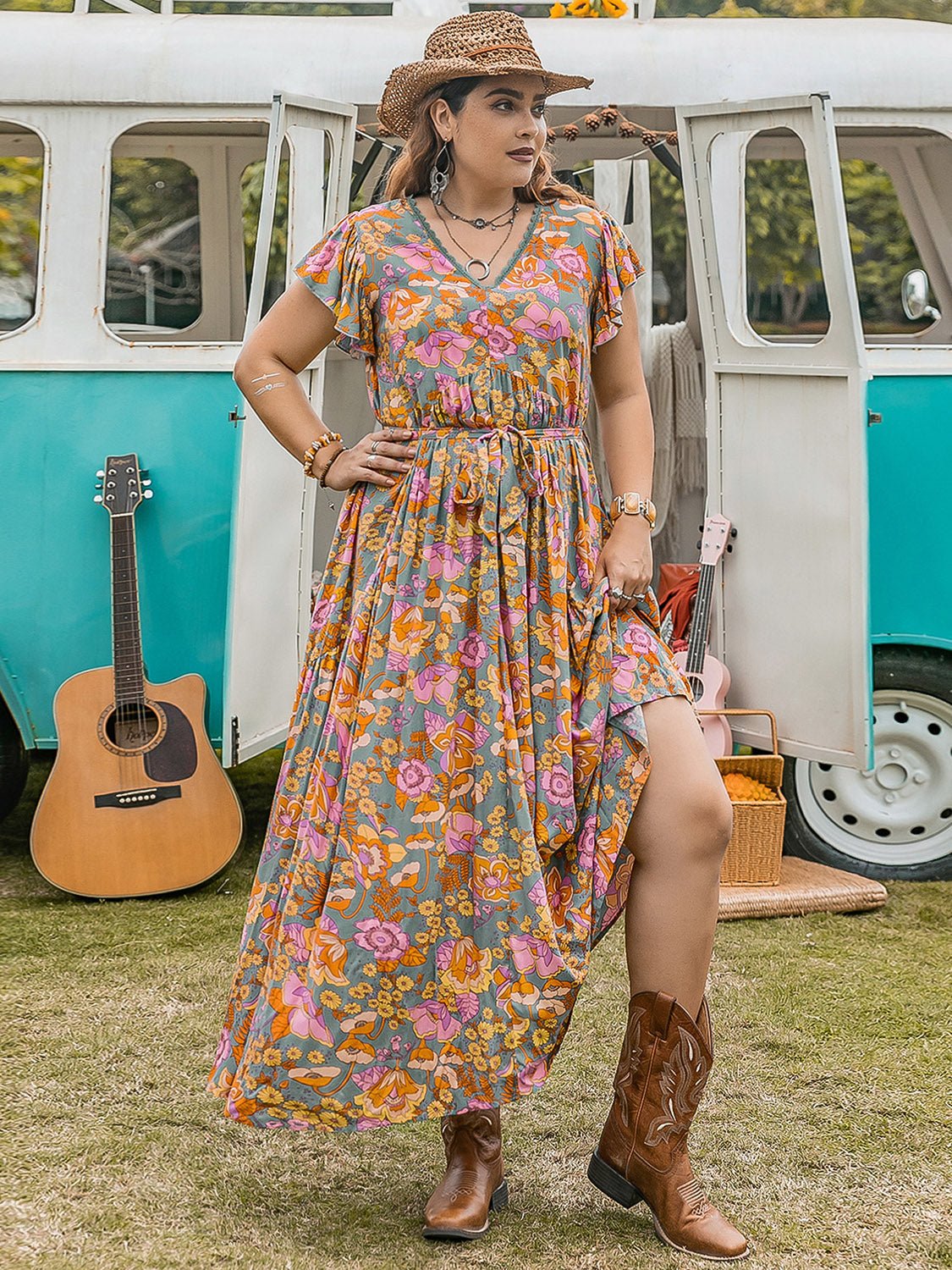 Plus Size Ruffled Cap Sleeve Printed Dress - TNT Dress Co.