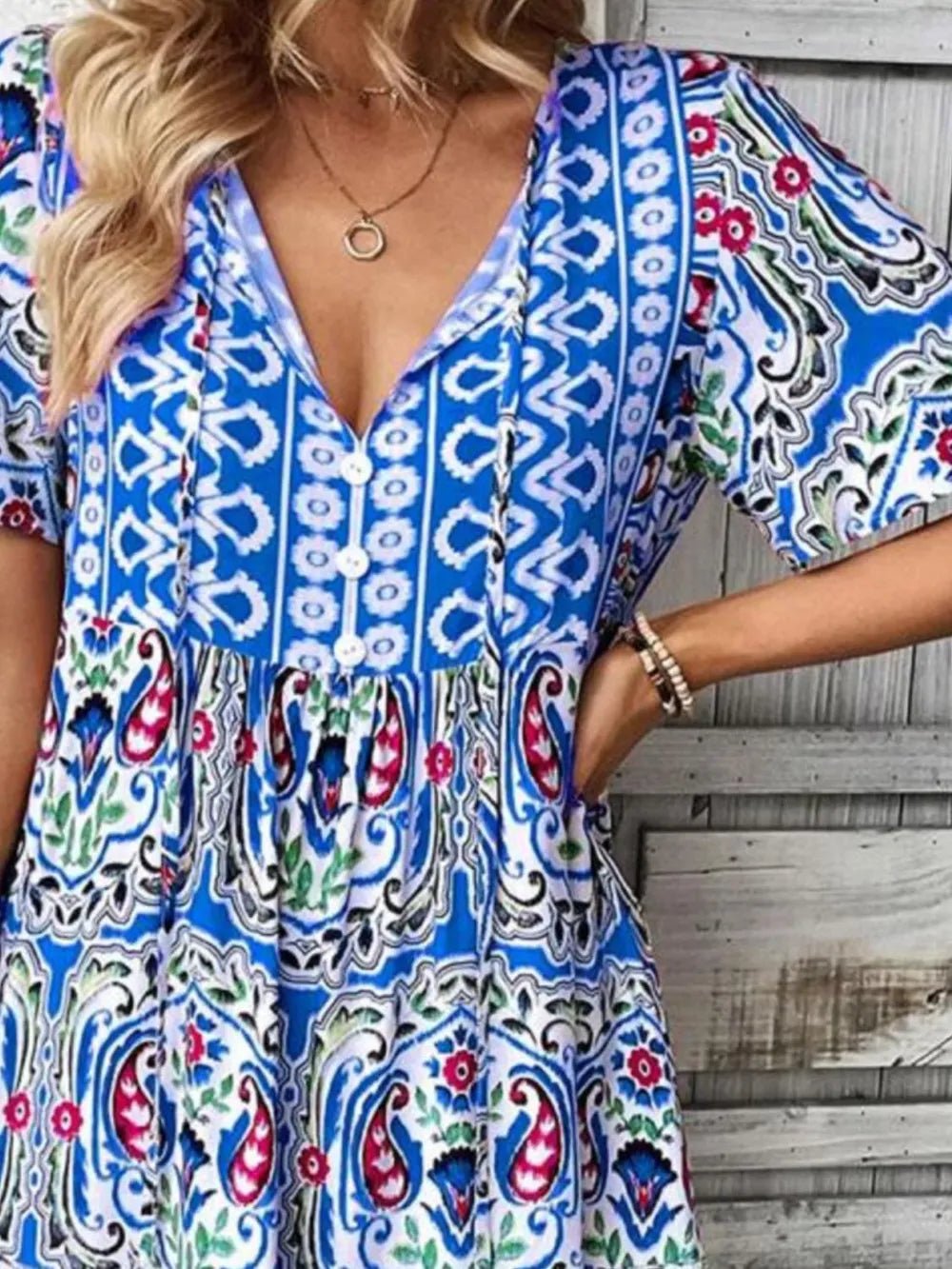 Printed Tie Neck Short Sleeve Dress - TNT Dress Co.