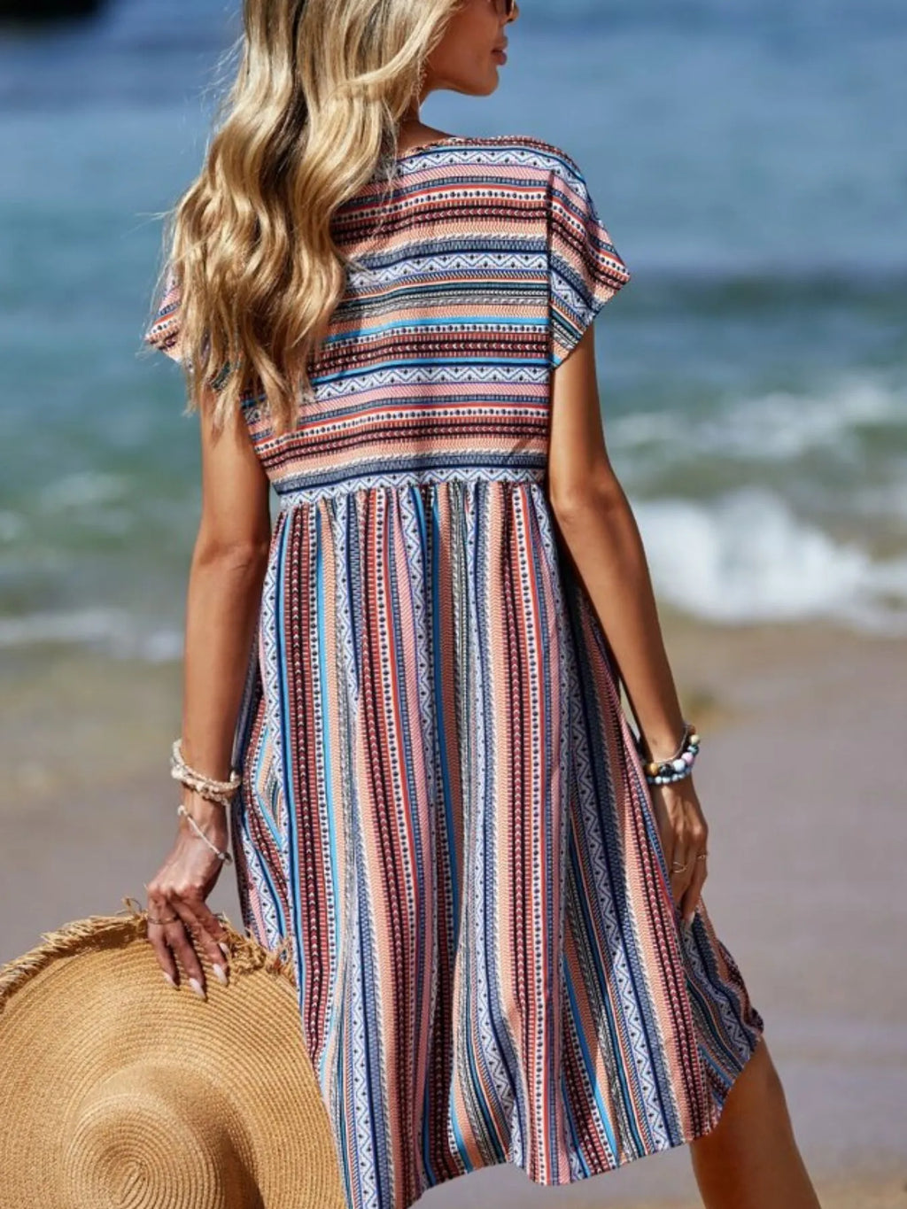Striped V - Neck Short Sleeve Dress - TNT Dress Co.