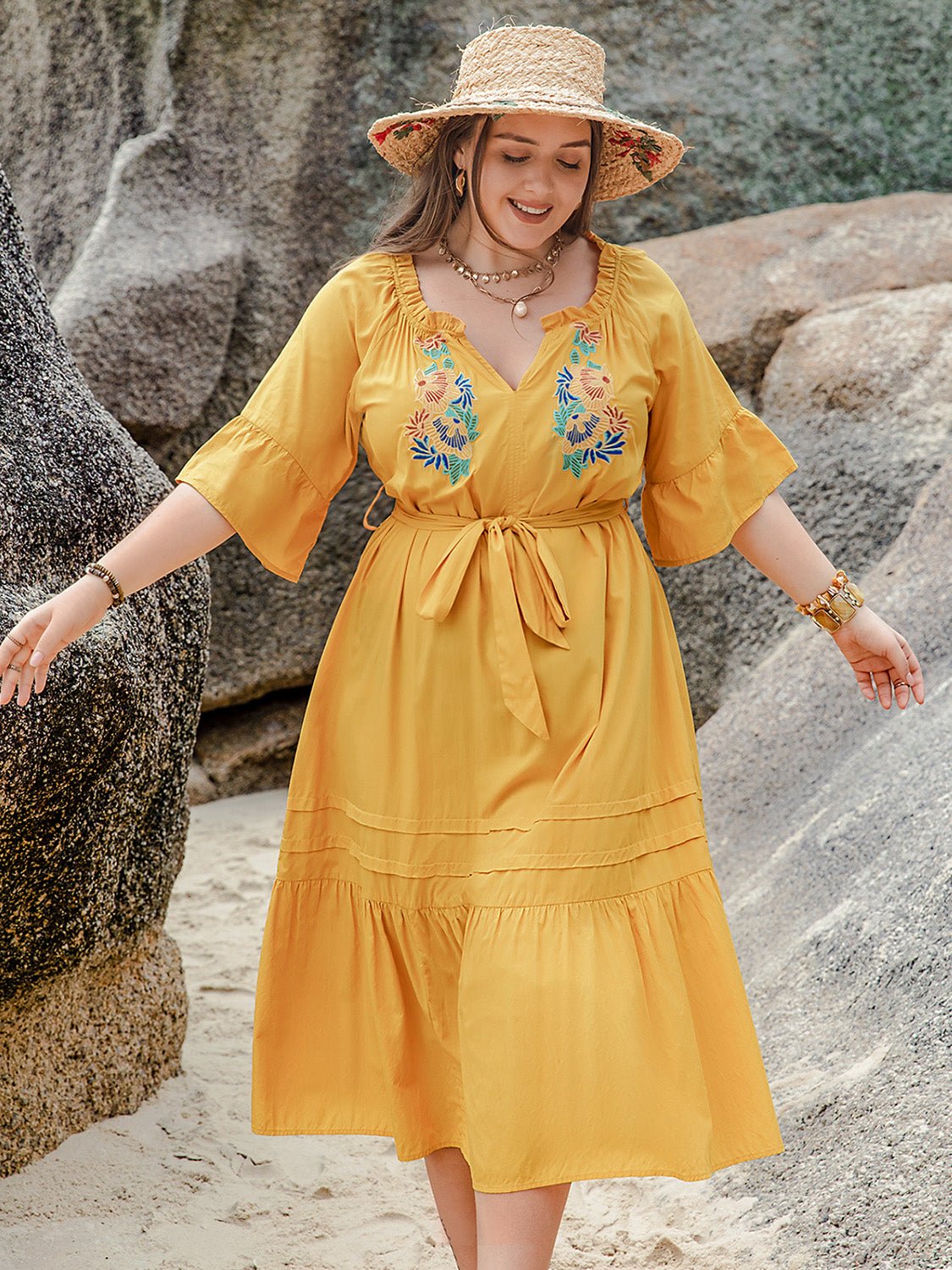 Plus Size Notched Tie Waist Midi Dress with Half Sleeves - TNT Dress Co.