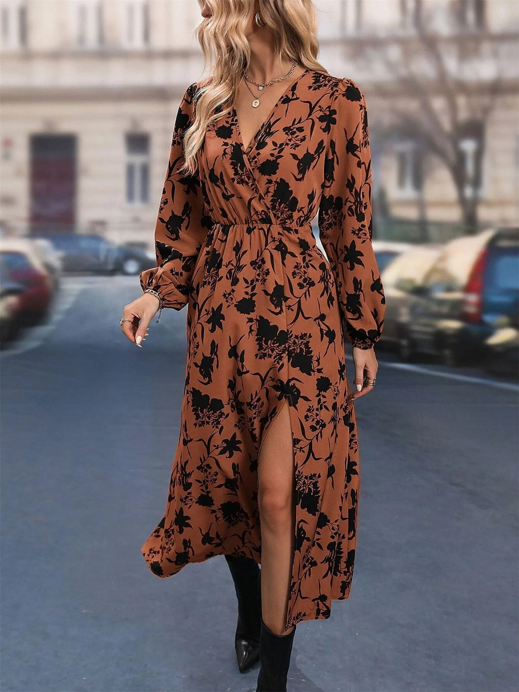 Printed Surplice Long Sleeve Dress - The Nicole - Tayan Dress Co.