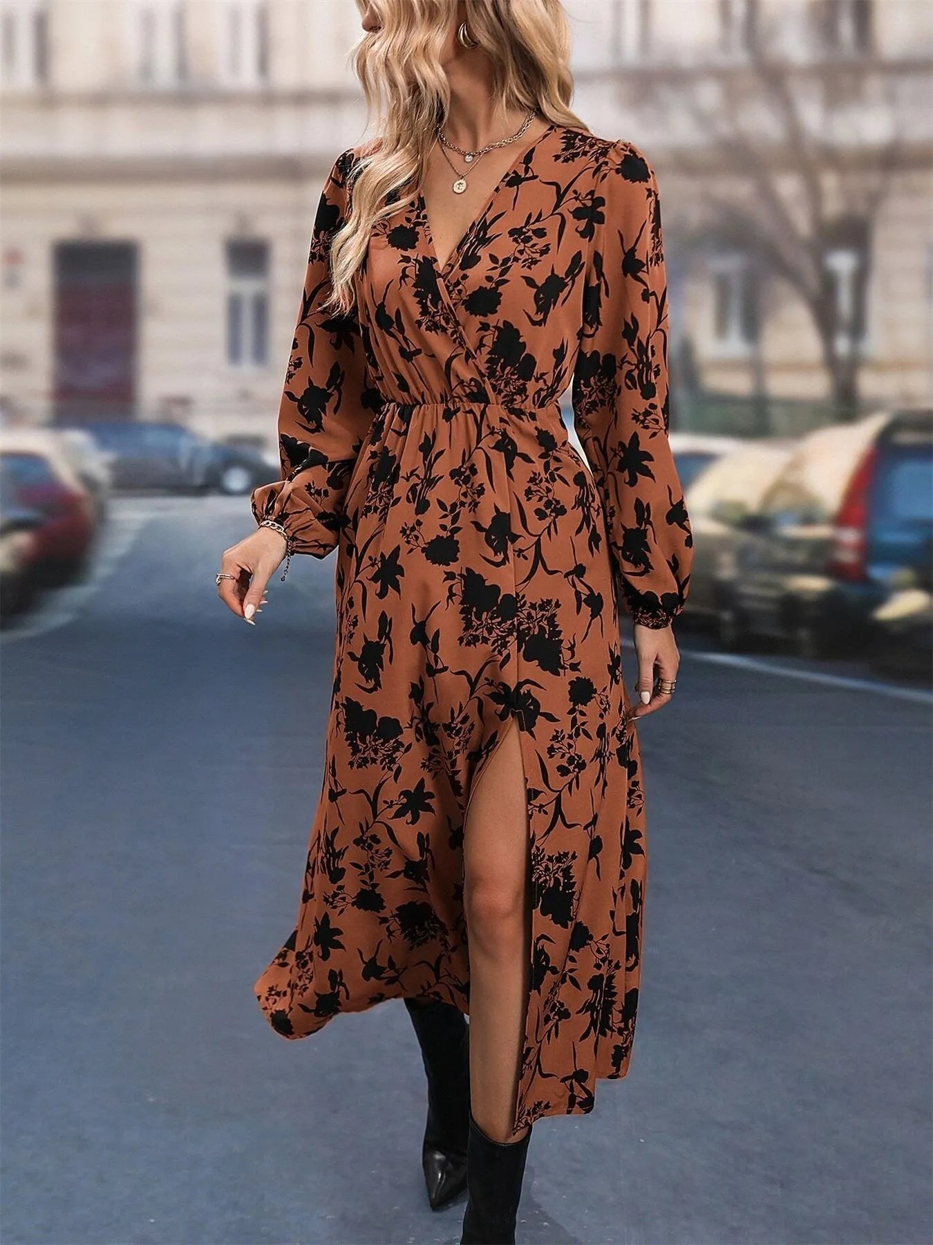 Printed Surplice Long Sleeve Dress - The Nicole - Tayan Dress Co.