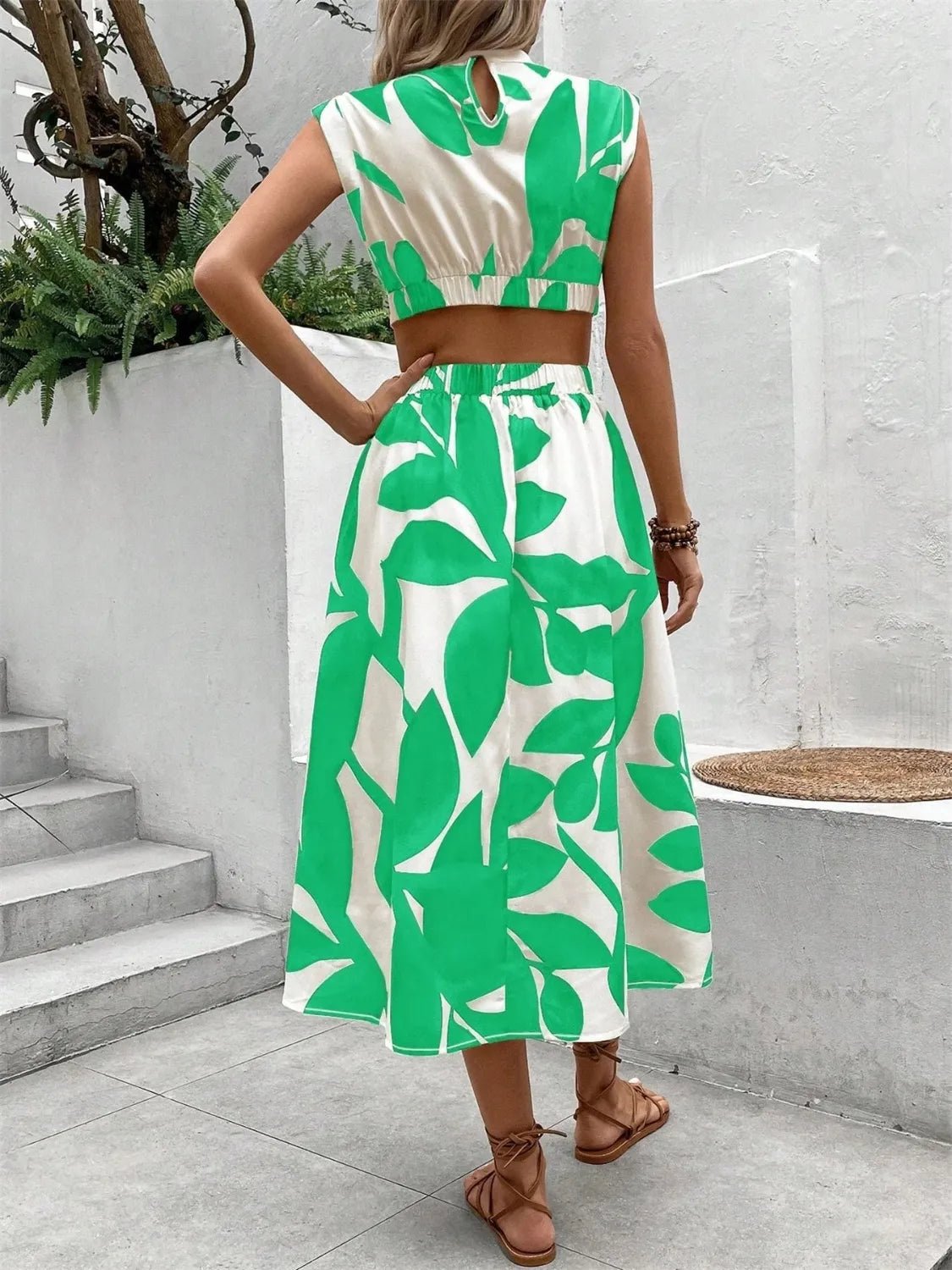 Cutout Printed Cap Sleeve Midi Dress - TNT Dress Co.