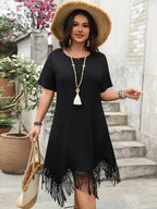 Plus Size Fringe Round Neck Short Sleeve Midi Tee Dress - TNT Dress Co.