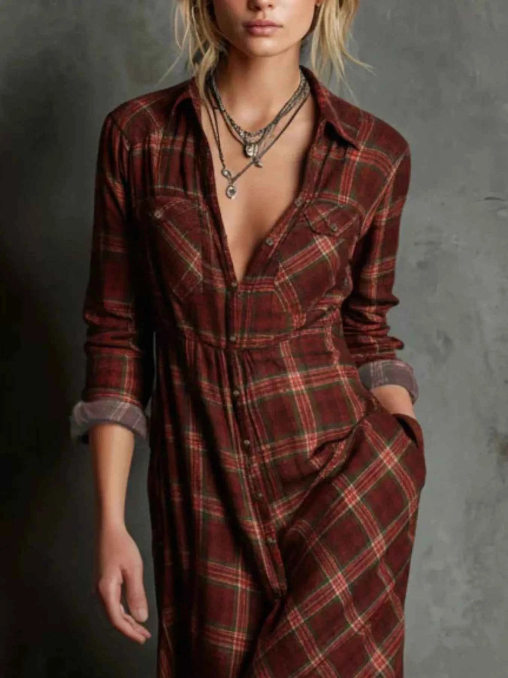 Full Size Plaid Button-Down Maxi Dress Plus Size