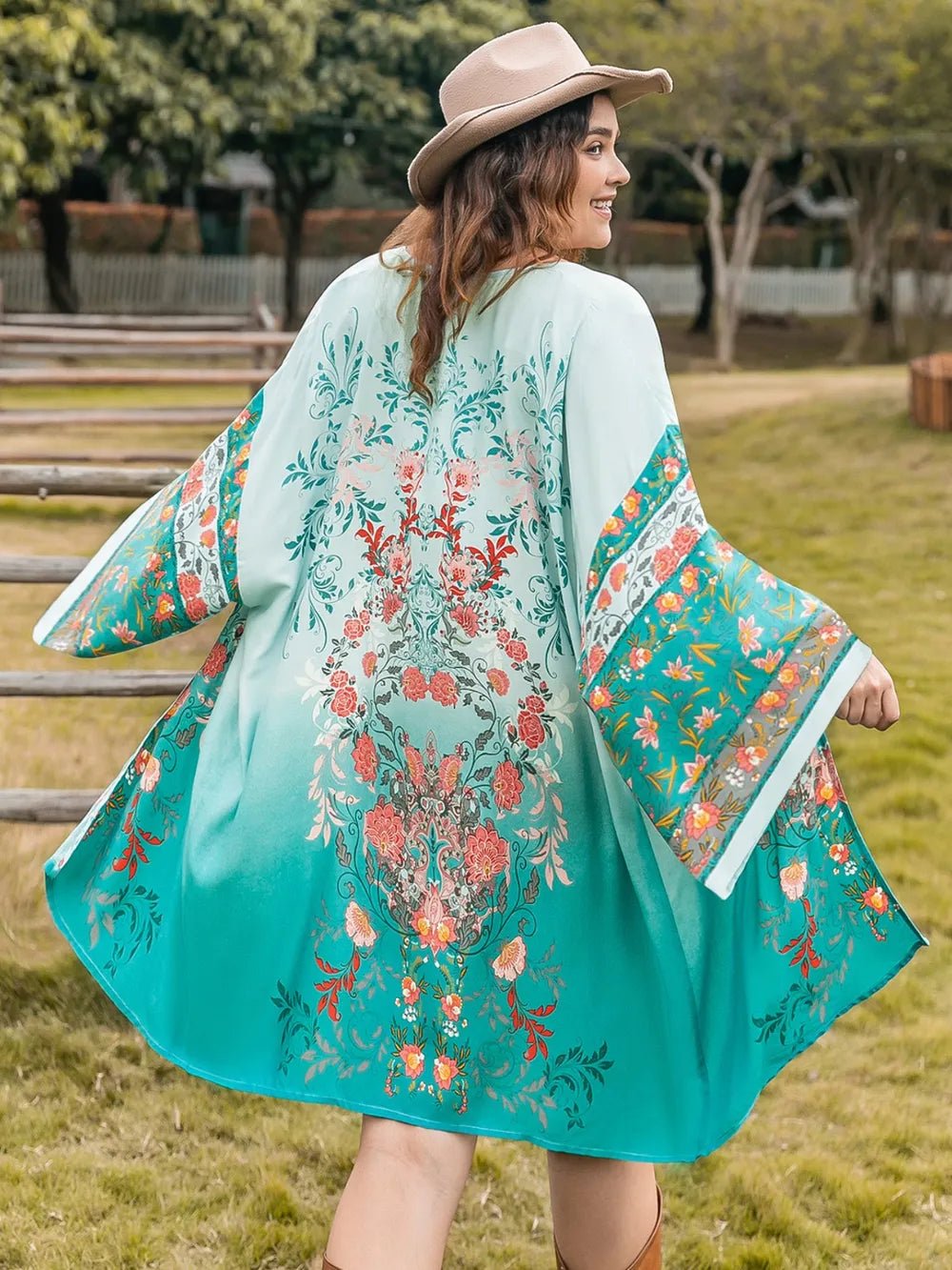 Plus Size Printed Open Front Long Sleeve Cover Up - TNT Dress Co.