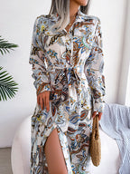 Printed Long Sleeve Midi Dress with Tied Detail - TNT Dress Co.