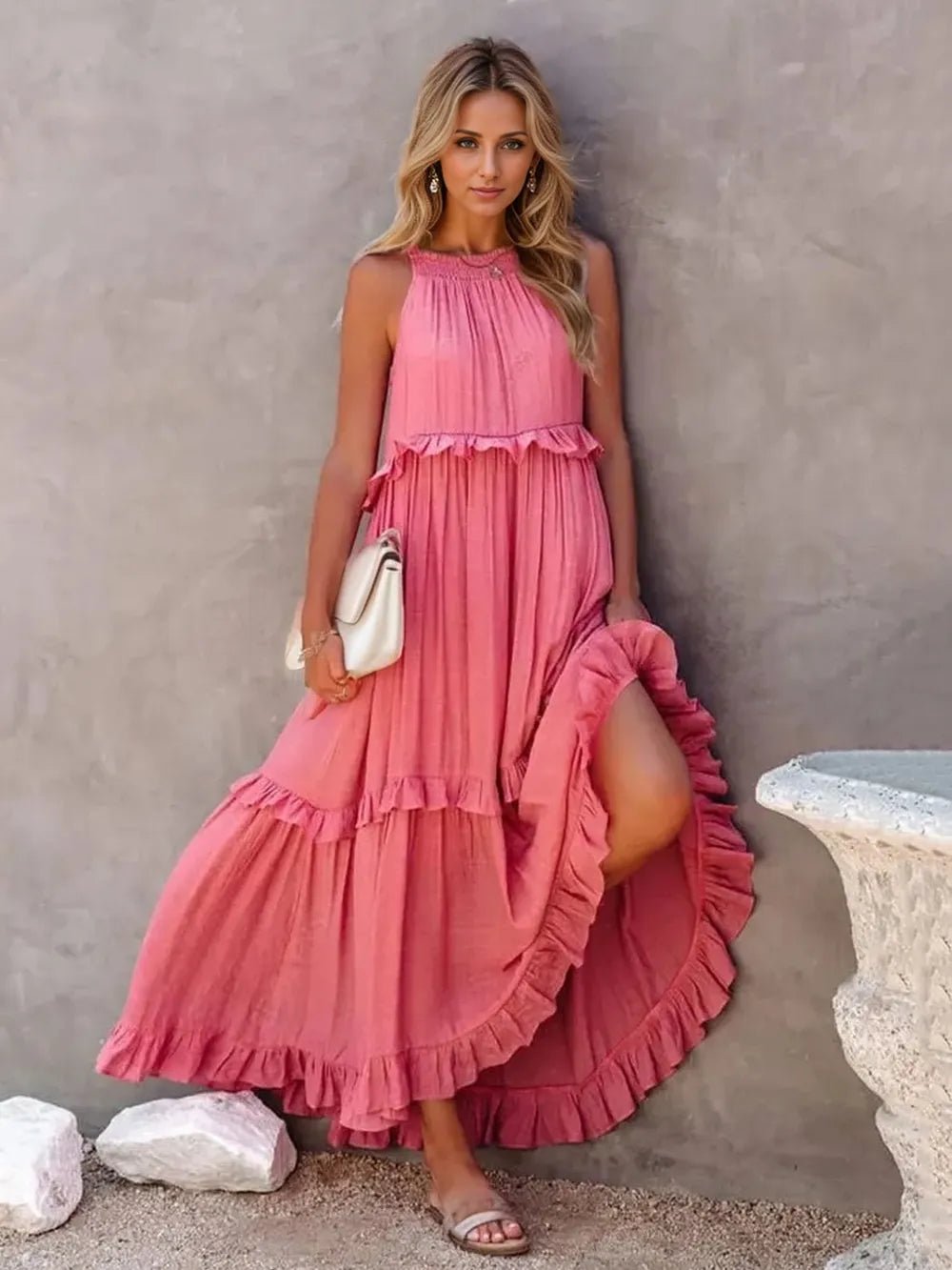 Ruffled Sleeveless Tiered Maxi Dress with Pockets - TNT Dress Co.