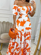 Full Size Cutout Off - Shoulder Printed Maxi Dress Plus Size - TNT Dress Co.