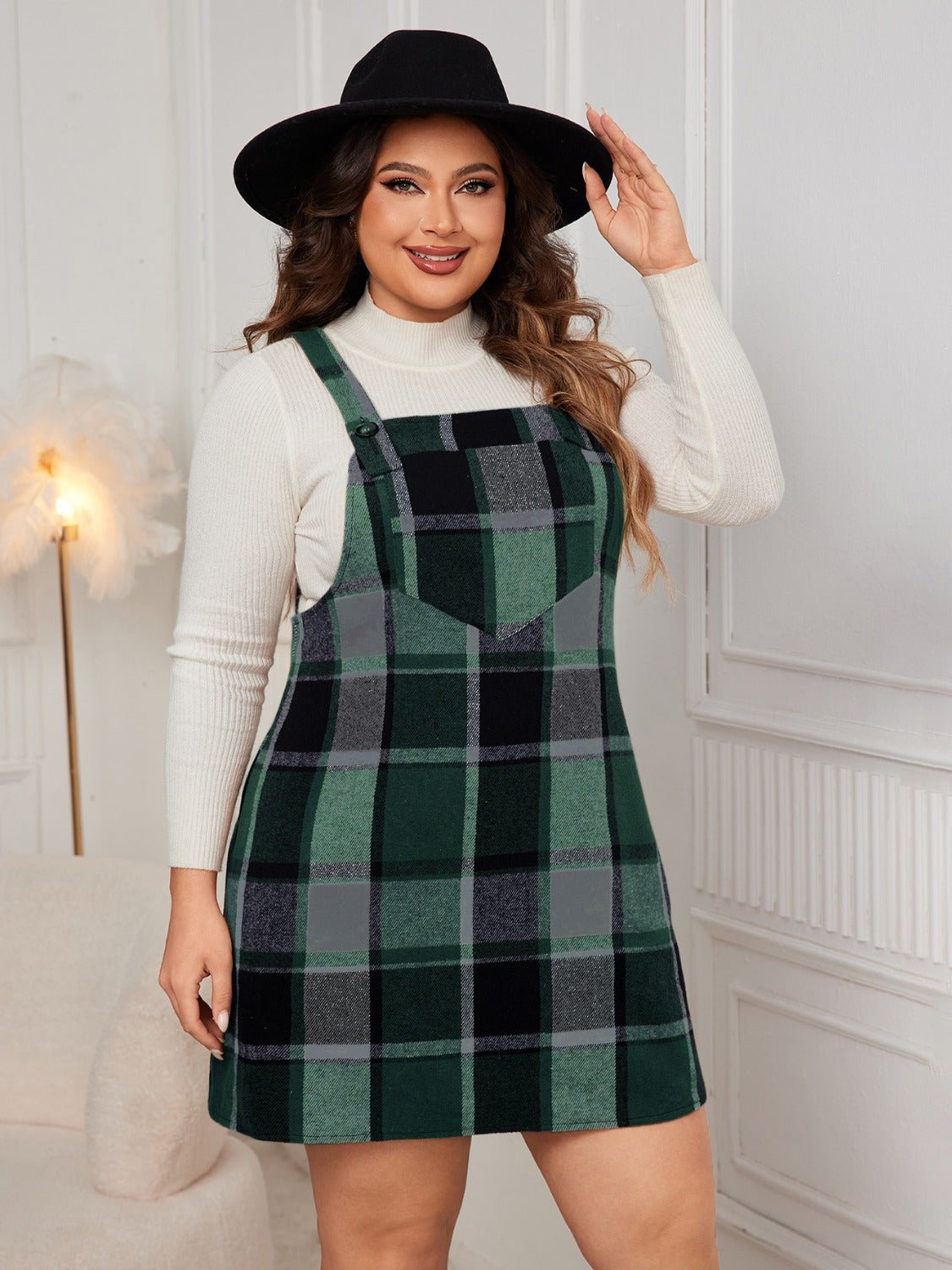 Plus Size Honey Plaid Wide Strap Overall Dress - TNT Dress Co.