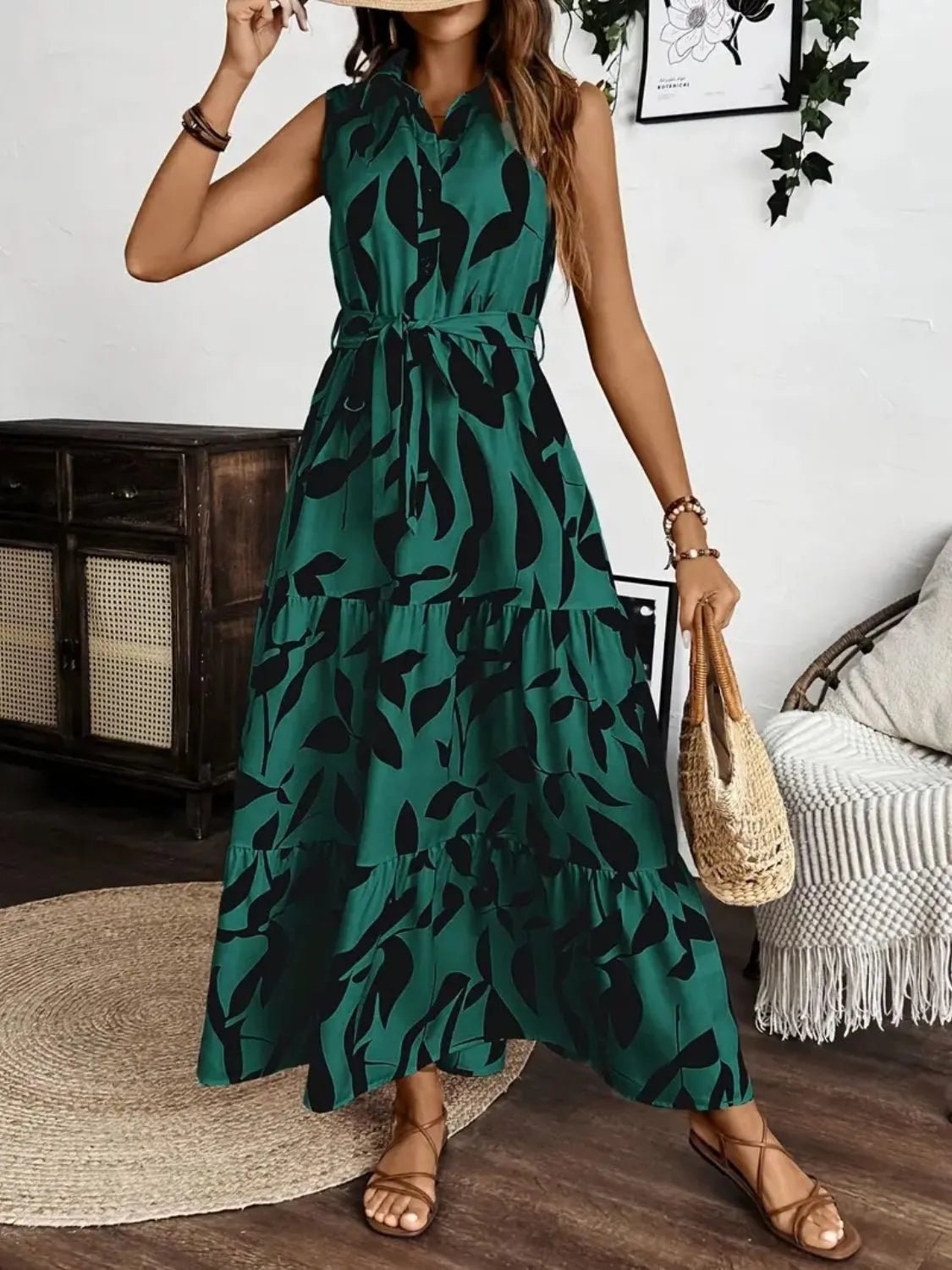 Printed Tie Waist Sleeveless Maxi Dress - TNT Dress Co.