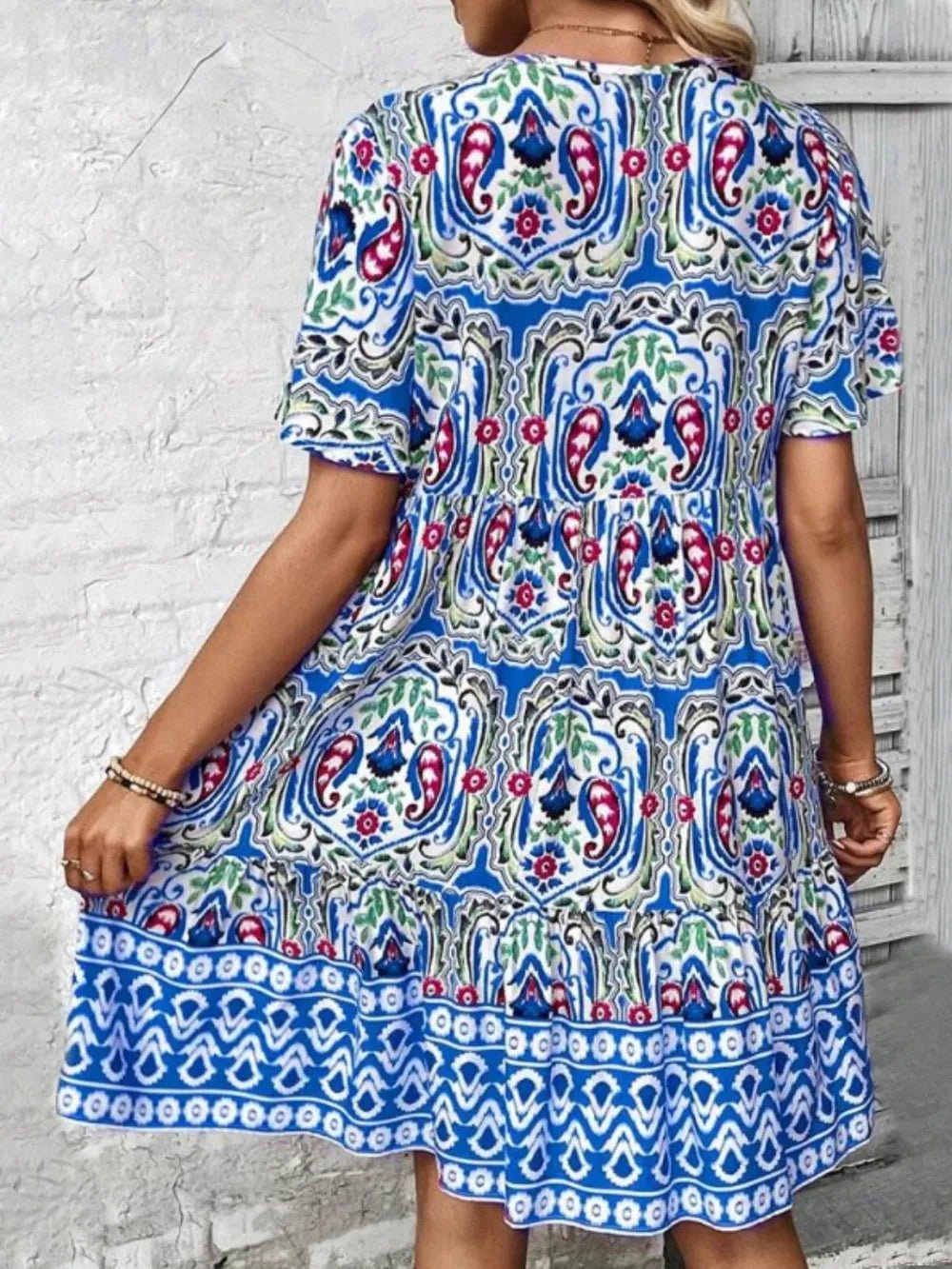 Printed Tie Neck Short Sleeve Dress - TNT Dress Co.