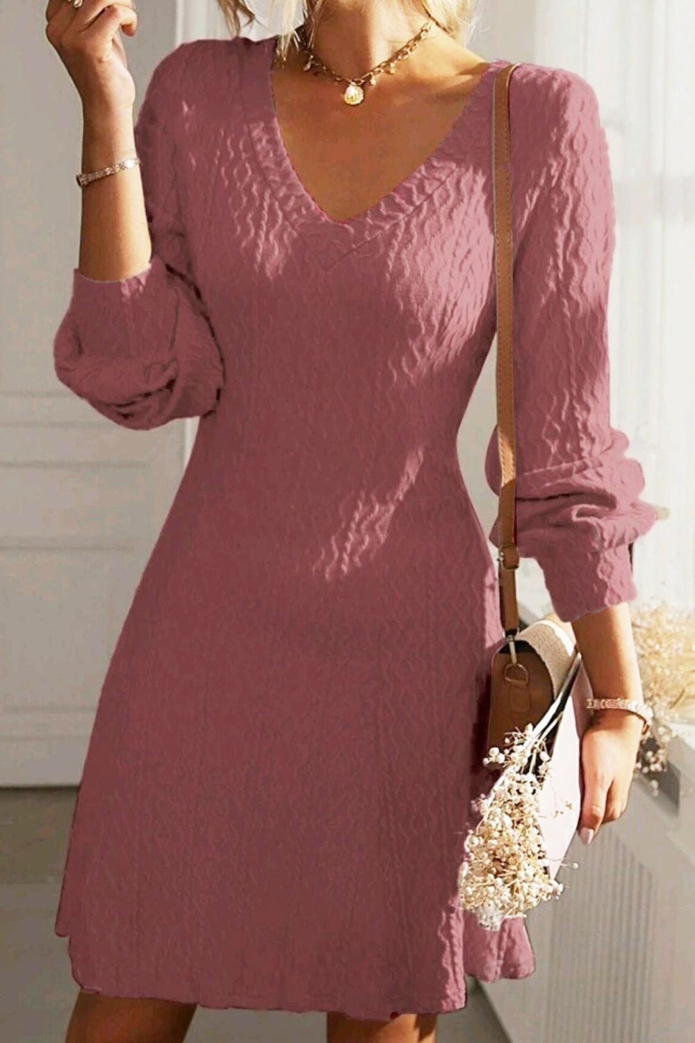 V - Neck Long Sleeve Textured Dress - TNT Dress Co.