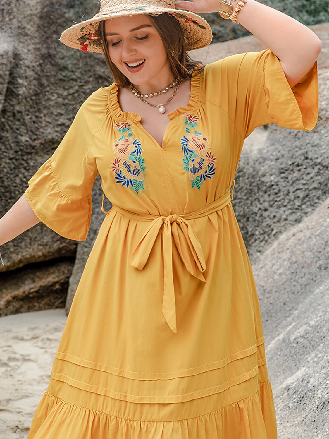 Plus Size Notched Tie Waist Midi Dress with Half Sleeves - TNT Dress Co.
